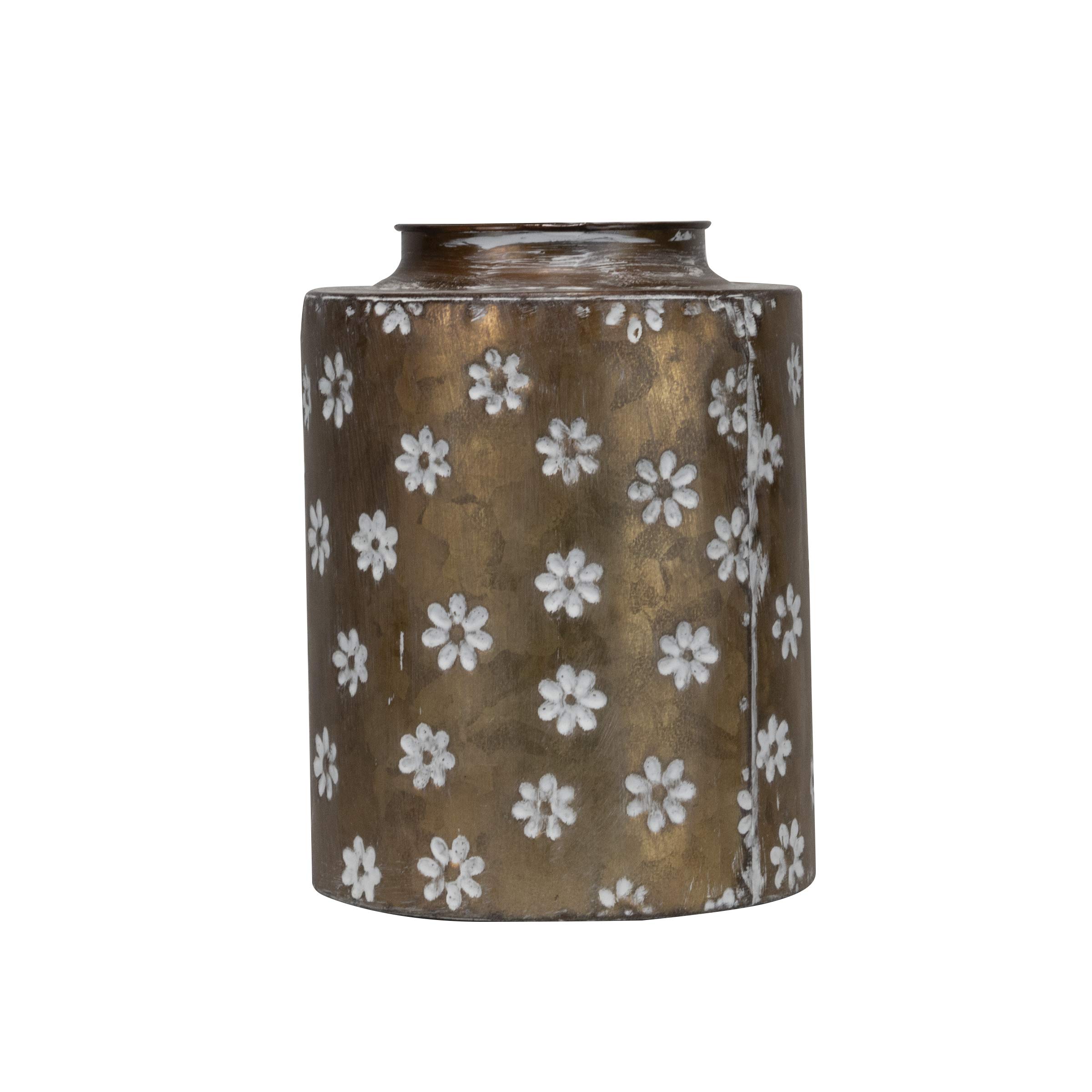 Rustic Whitewashed Floral Galvanized Metal Decorative Vase - Medium Brass Farmhouse Style Home Decor for Living Room, Bedroom, or Wedding Centerpiece