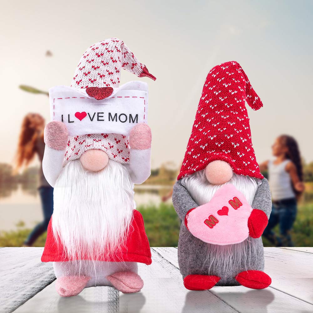 2 Pcs Handmade Mother's Day Gnome Decorations - I Love Mom Gift, Swedish Tomte Stuffed Plush Standing Dwarf Doll for Home, Kitchen, Tiered Tray, Table | Perfect for Mother's Day Gifts, Birthday Presents, and Christmas Decorations