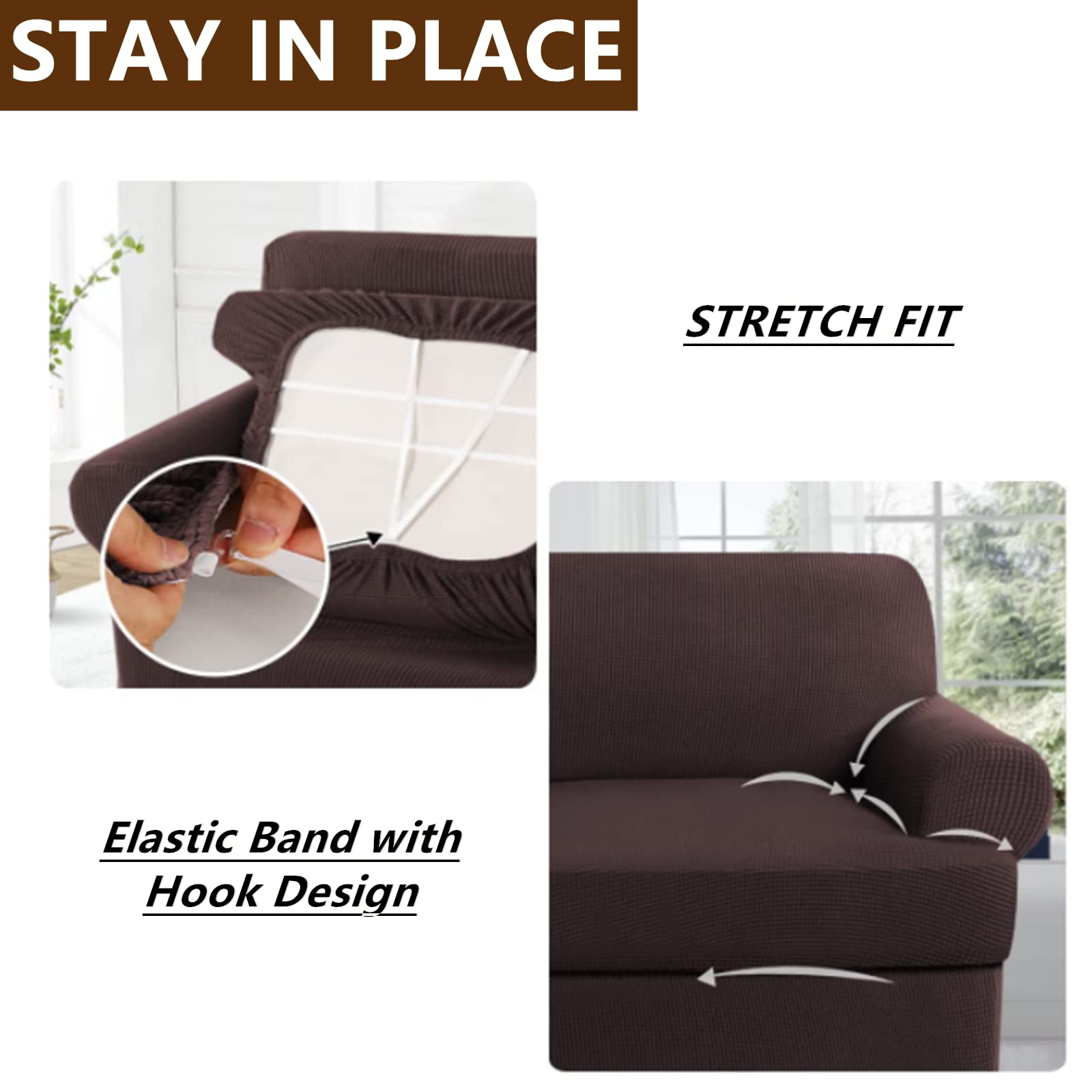 4-Piece Stretch Sofa Slipcover Set for T-Cushion Couches - Soft Furniture Protector with 3 Individual T-Cushion Seat Covers (Brown) - Perfect for Living Room, Family Room & Home Decor