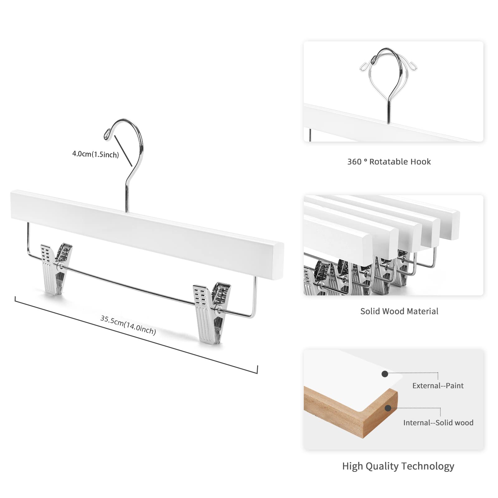 Nature Smile 10-Pack Wooden Pants Hangers with Clips - Anti-Rust Hooks for Jeans, Skirts & Trousers - Space-Saving Closet Organizer (White) | Perfect for Home, Office & Travel Wardrobe Storage
