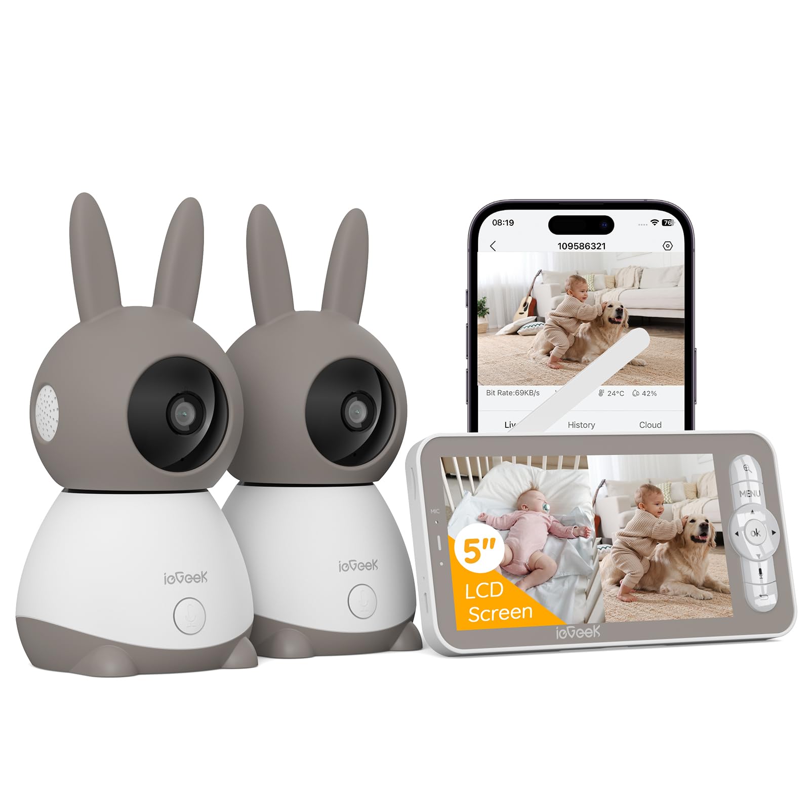 ieGeek 2K HD Baby Monitor with 360° View - 2 Camera Split Screen System, WiFi Smartphone App & 5
