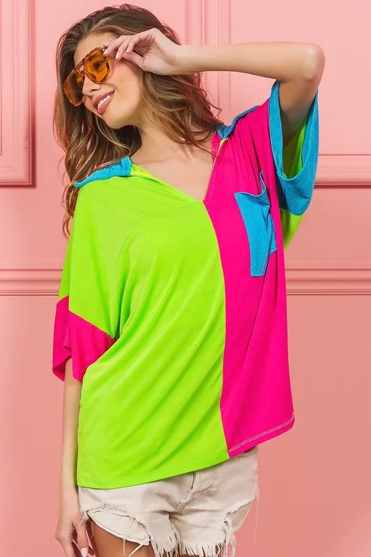 BiBi Slinky Knit Color Block V-Neck Top | Women's Fashion T-Shirt for Casual Wear & Layering