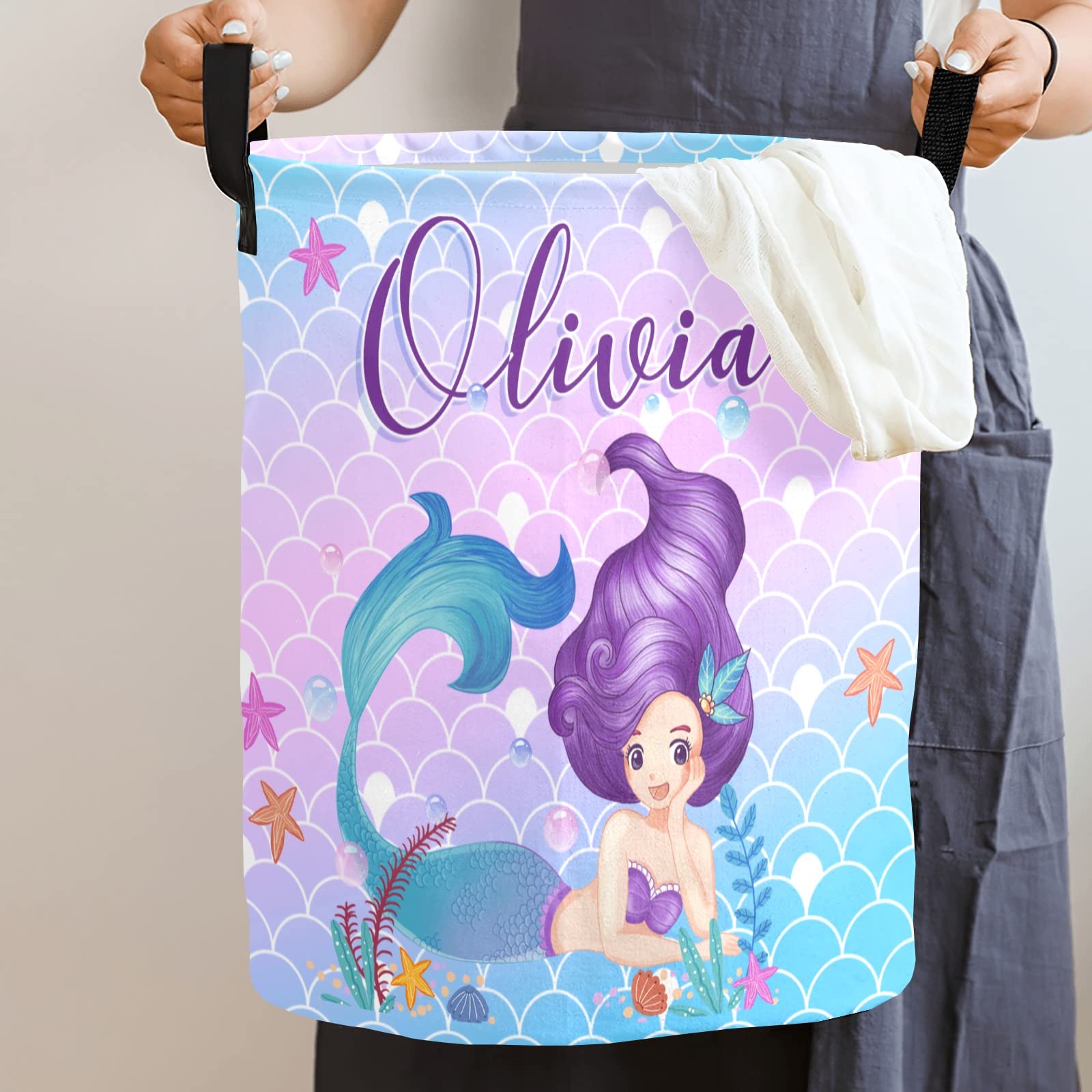 Personalized Mermaid Laundry Basket with Name - Custom Kids Laundry Hamper for Girls & Toddlers - Perfect for Bedroom, Nursery, or Playroom Organization (Style 01)