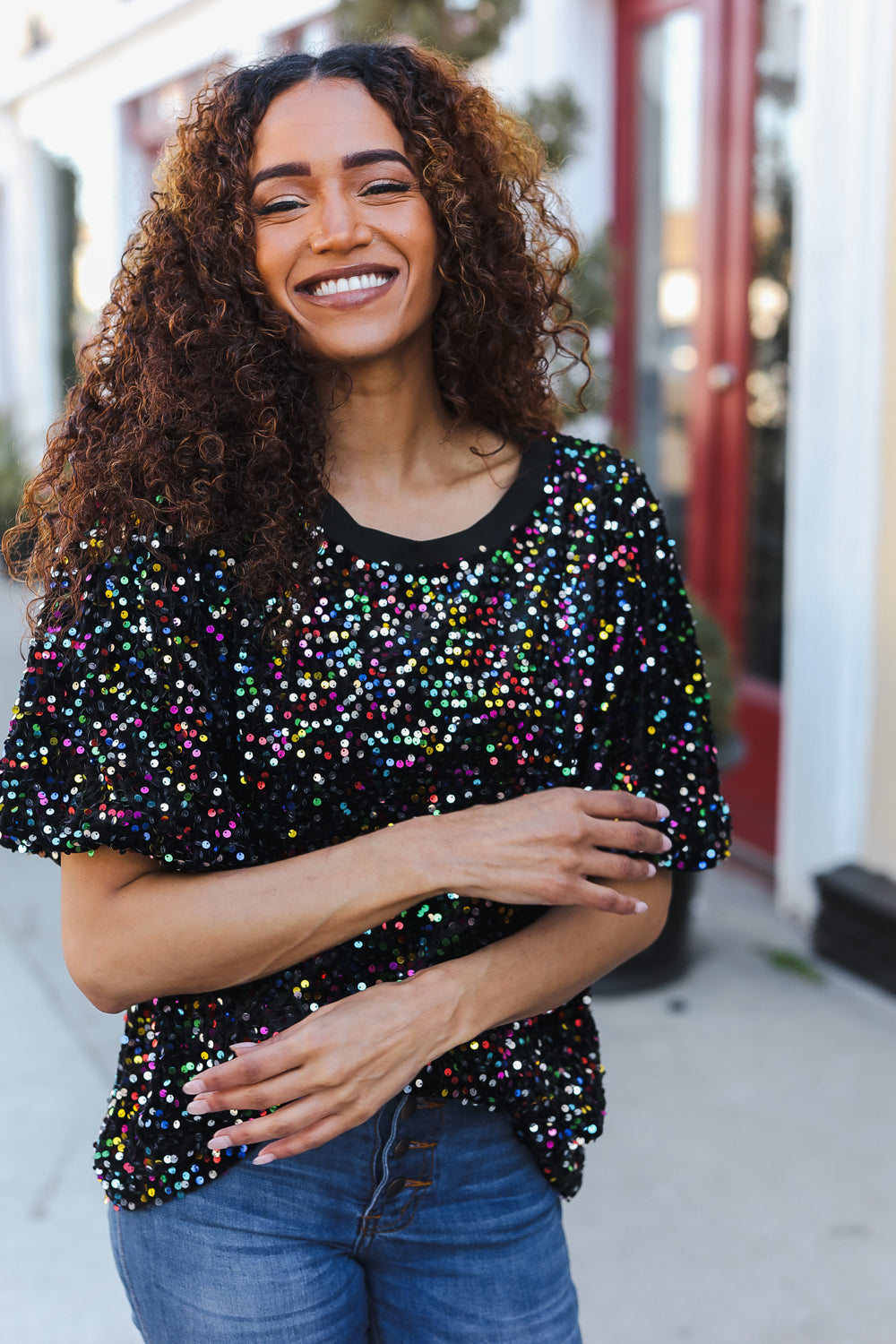 Black Velvet Multicolor Sequin Puff Sleeve Top for Women | Holiday Party & Christmas Outfit | Perfect for Festive Gatherings, NYE Celebrations & Special Occasions