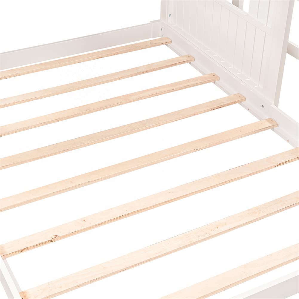 Wooden Twin Over Full Bunk Bed with Playhouse, Ladder & Slide - Farmhouse Style Kids Loft Bed with Safety Guardrails - No Box Spring Needed (White) - Perfect for Small Bedrooms, Playrooms & Sleepovers