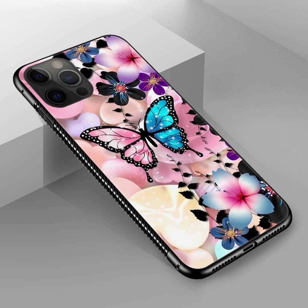 iPhone 12 Pro Max Case 6.7 Inch - Pink Blue Butterfly Pattern Design, Hard PC Back with Soft TPU Bumper, Non-Slip Protective Phone Cover for Women | Perfect for Everyday Use, Work & Travel