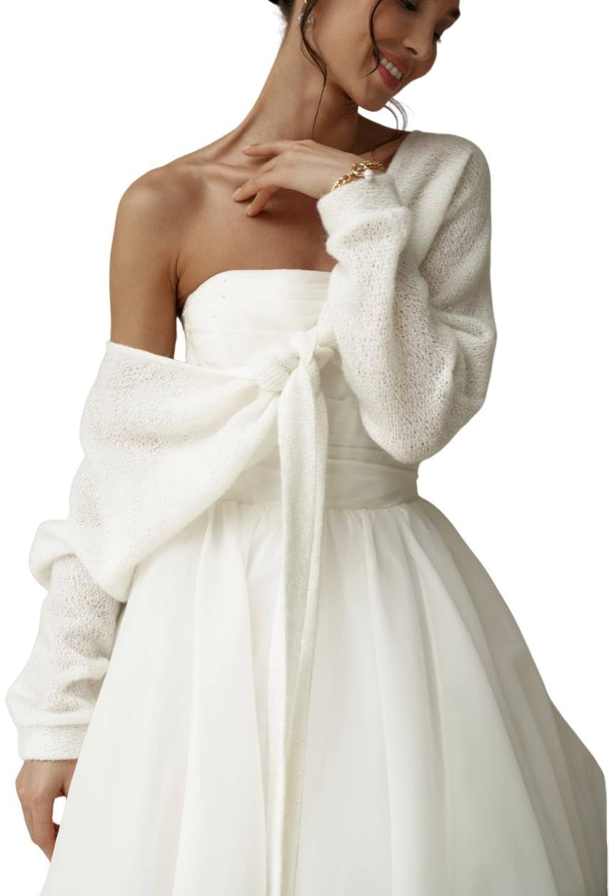Elegant Ivory Bridal Cardigan with Ties - Cozy Wedding Dress Wrap Sweater for Bride, Chic Knitwear for Bridal Party, Engagement & Outdoor Ceremony (Size S)