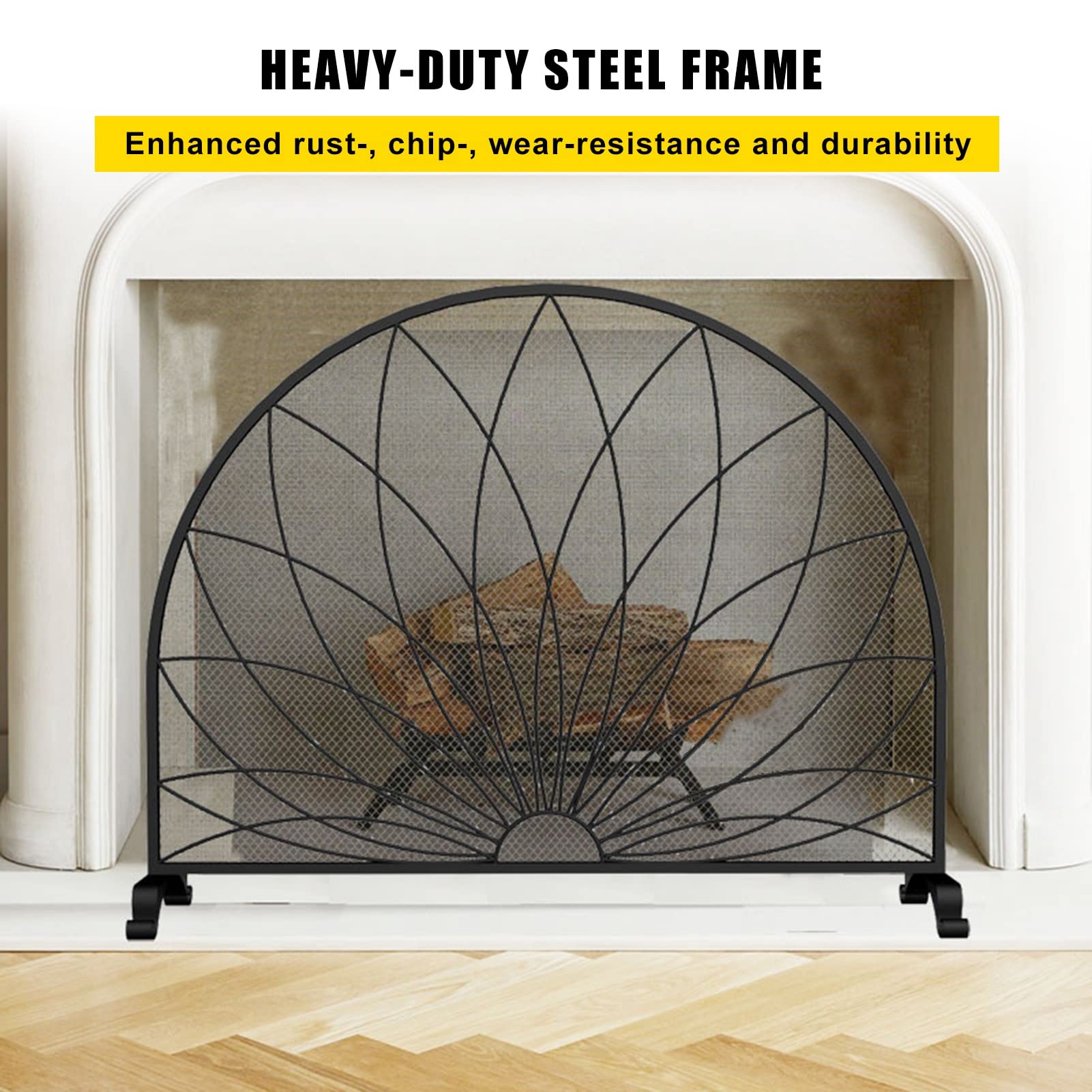 ROYUMI Semicircular Fireplace Screen - Black & Gold Wrought Iron Spark Guard for Wood Burning Fireplace - Handmade Mesh Chimney Cover for Home Safety & Decoration - Perfect for Living Room, Bedroom, or Patio Use