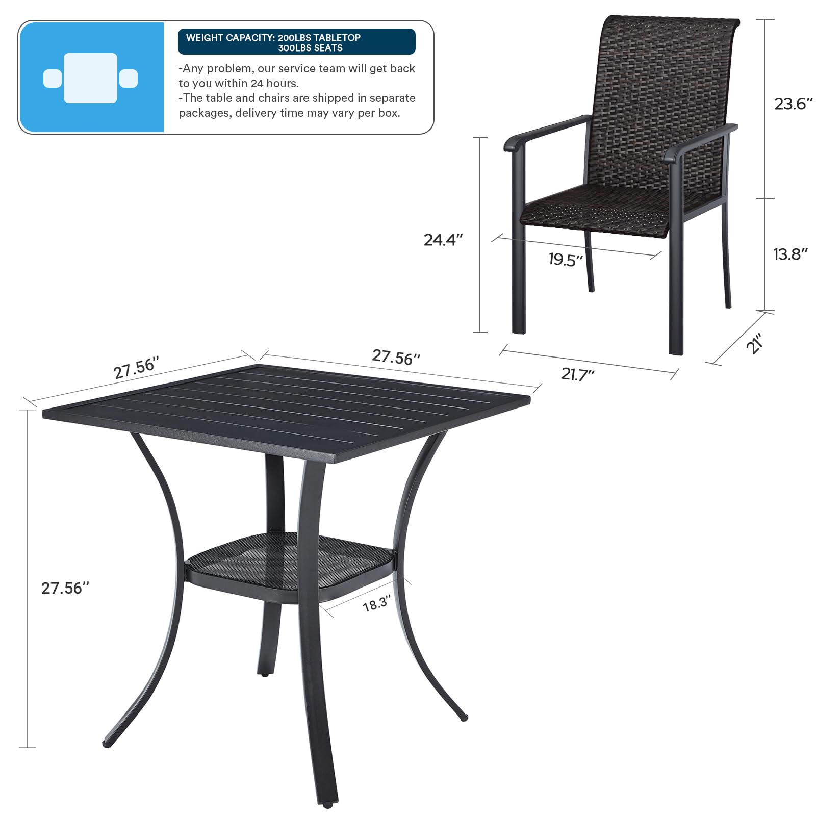 VICLLAX 3-Piece Outdoor Bistro Set - 2 Rattan Chairs & Metal Square Table - Perfect for Garden, Deck, Backyard, Balcony - Durable Patio Furniture for Dining & Relaxing