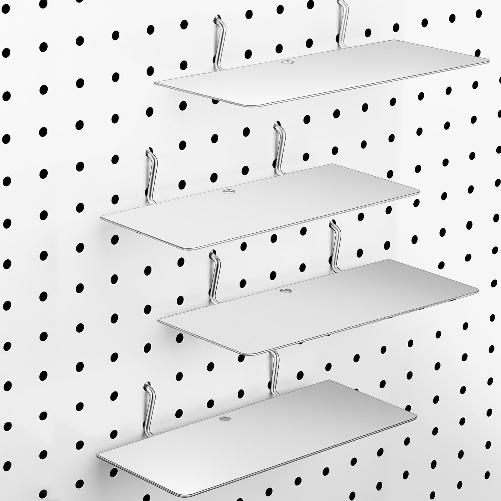 Funrous 4 Pack Silver Pegboard Shelves (10x4 Inch) - Heavy Duty Steel Wall Organizer Brackets & Tray for Craft Room, Garage, Kitchen, Nursery & Workbench | Space Saving Storage Solution for Tools & Supplies