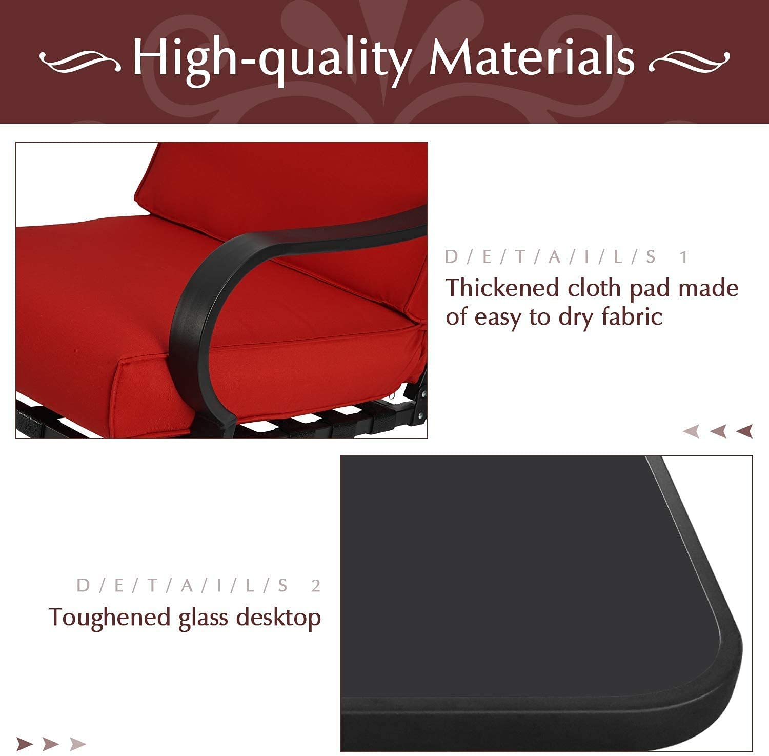 Betterland Outdoor 3-Piece Rocking Chair Set with Glass-Top Coffee Table & Thickened Cushions - Black Metal Patio Furniture for Garden, Porch, Backyard (Red) | Perfect for Relaxing, Entertaining & Outdoor Dining