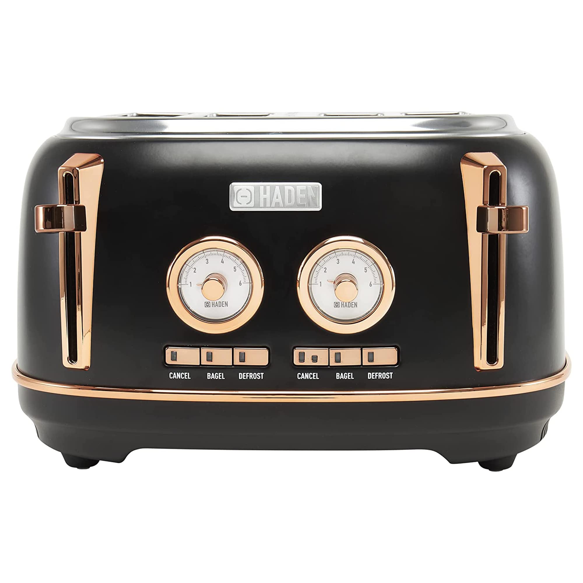 Haden Dorset 4-Slice Wide Slot Stainless Steel Toaster with 12-Cup Programmable Drip Coffee Maker Set, Black & Copper - Perfect for Breakfast, Kitchen, and Office Use
