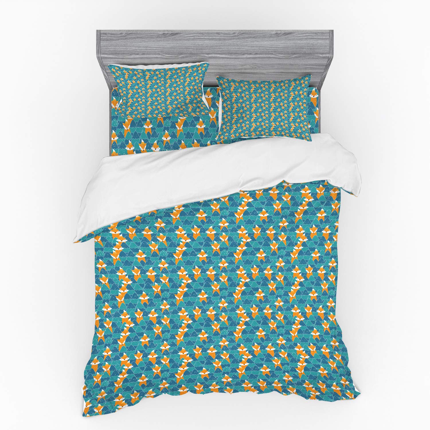 Ambesonne Fox Duvet Cover Set - 4 Piece Queen Size Winter Animal Print Bedding with Shams & Fitted Sheet, Orange Sea Blue - Cozy Fox-Themed Bedroom Decor for Cold Weather & Holiday Season