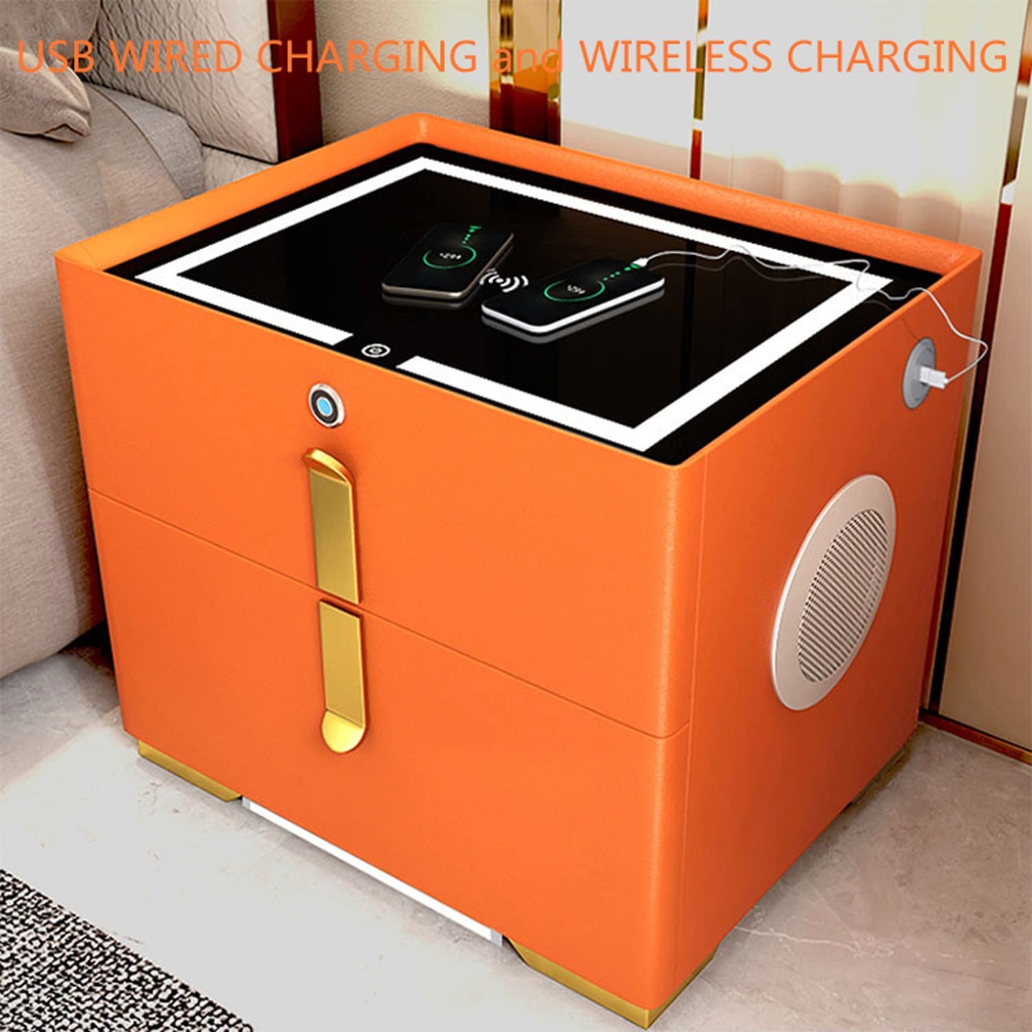 AVLUZ Smart Nightstand with Wireless Charging & Fingerprint Unlock - Modern High Gloss Bedside Table, Multifunctional Nightstand for Bedroom (Orange) - Perfect for Small Spaces, Apartment Living & Contemporary Home Decor