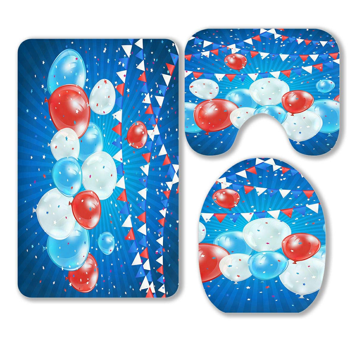 ABPHQTO Patriotic 4th of July Bathroom Rug Set - Blue Star Balloons & Pennants Design, Non-Slip Contour Mat & Toilet Lid Cover - Perfect for Independence Day Decorations & American Theme Bathroom Accessories