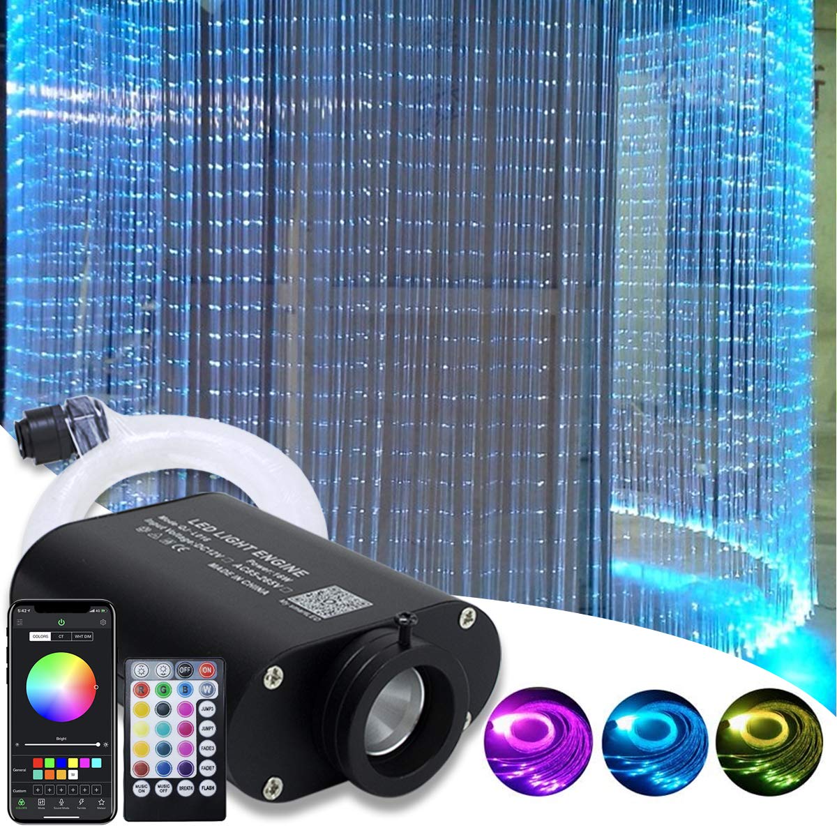 Upgraded 16W Fiber Optic Curtain Light Kit with APP Control - RGBW Sound Activated LED & 300pcs 0.75mm Flash Point Fiber Optic Cables (3m Length) for Home Decor, Sensory Rooms, Autism Therapy, Parties, and Bedroom Ambiance Lighting