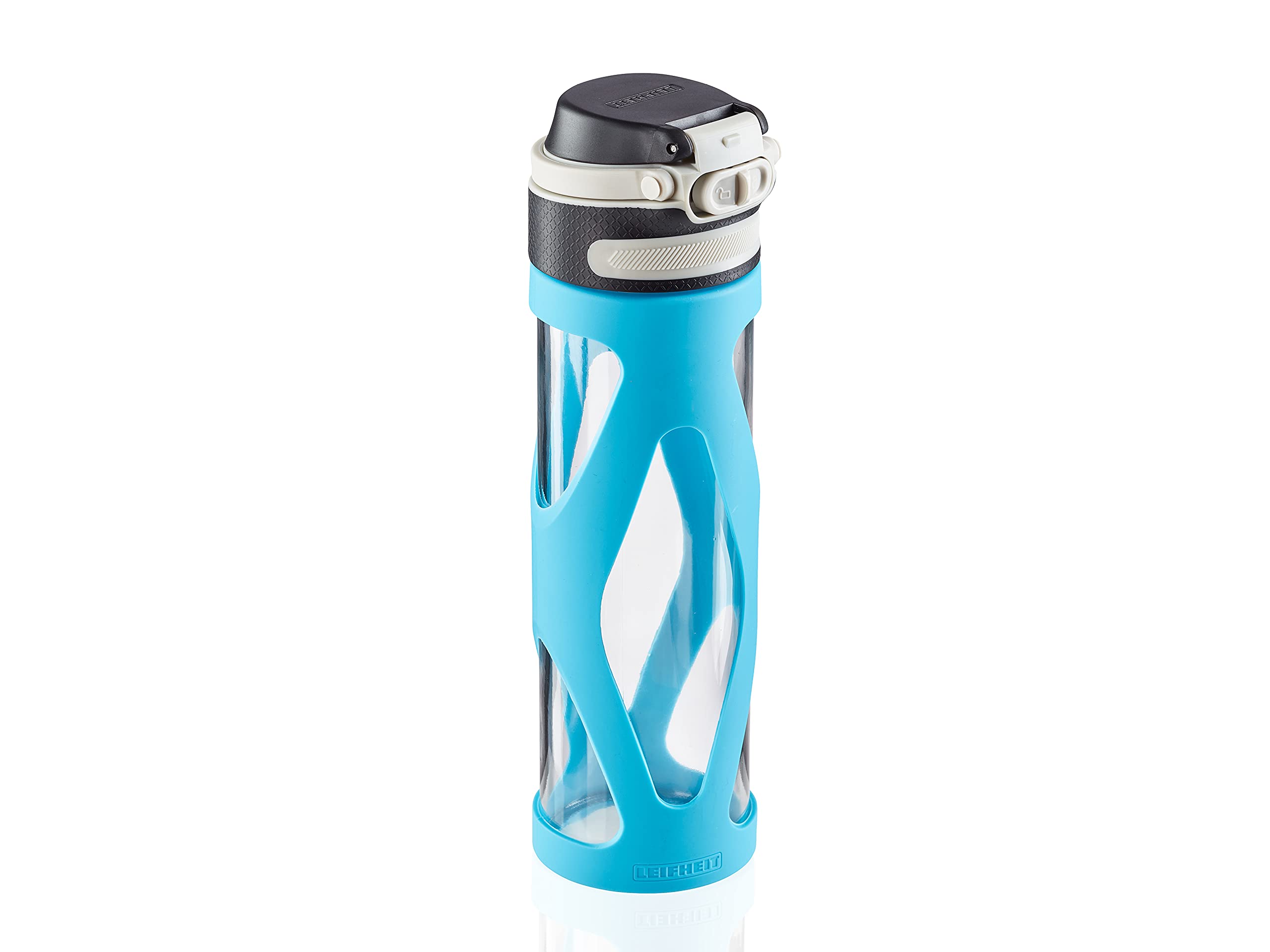 Leifheit 600ml Glass Flip Water Bottle - BPA-Free, Shockproof, 100% Leak Proof, One-Hand Operation with Fruit Infuser Filter | Sustainable Reusable Sports Bottle for Gym, Hiking & Daily Hydration (Water Blue)
