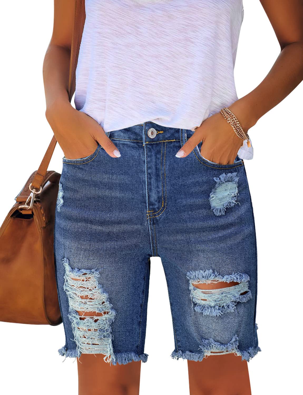 LookbookStore Women's High Waist Ripped Bermuda Denim Shorts - Skinny Fit Distressed Jeans for Summer Casual Wear & Beach Outfits