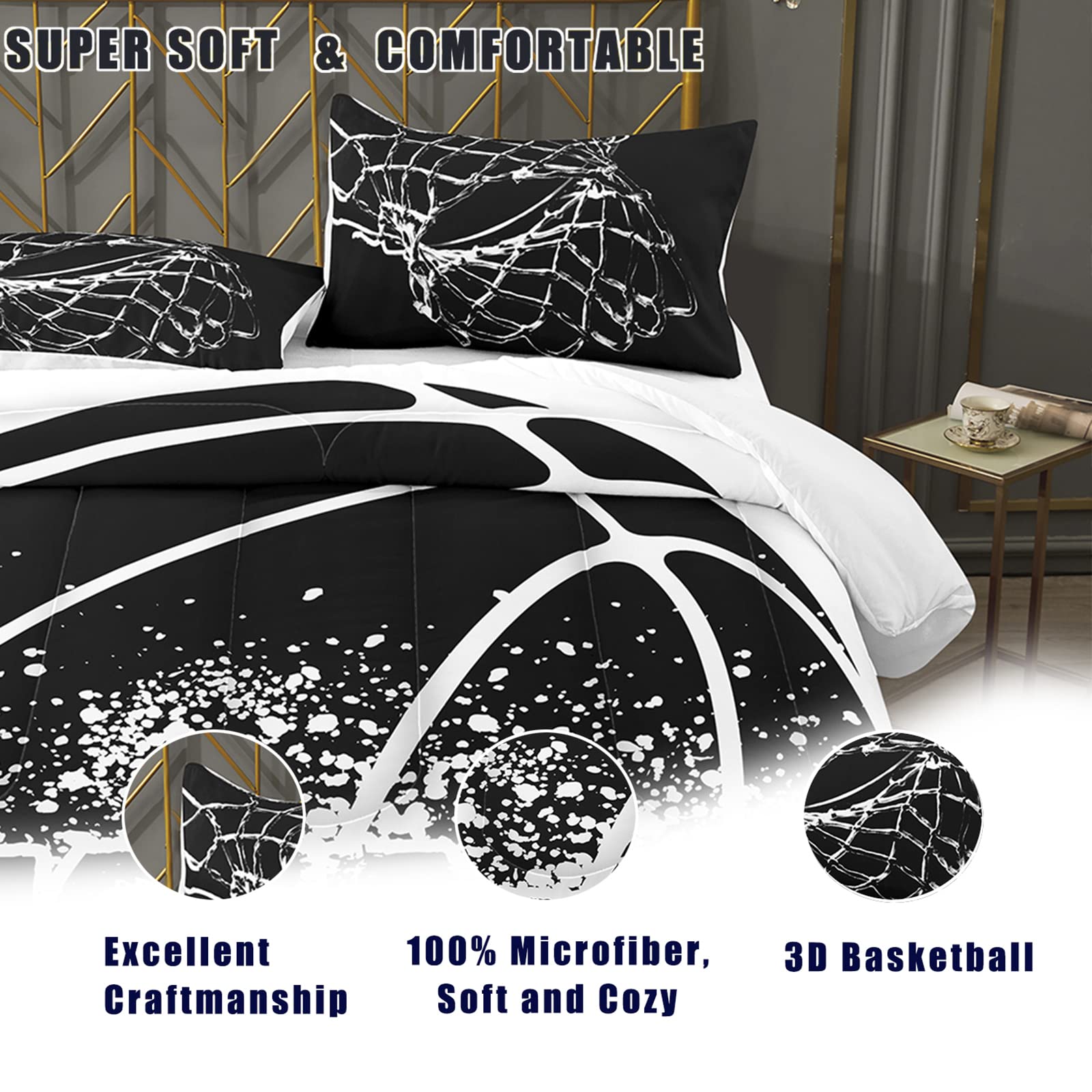 Basketball Print Comforter Set King Size - Black and White 3-Piece Bedding with 2 Pillowcases for Kids, Teens & Boys | Perfect for Sports-Themed Bedrooms, Dorm Rooms & Gift Ideas