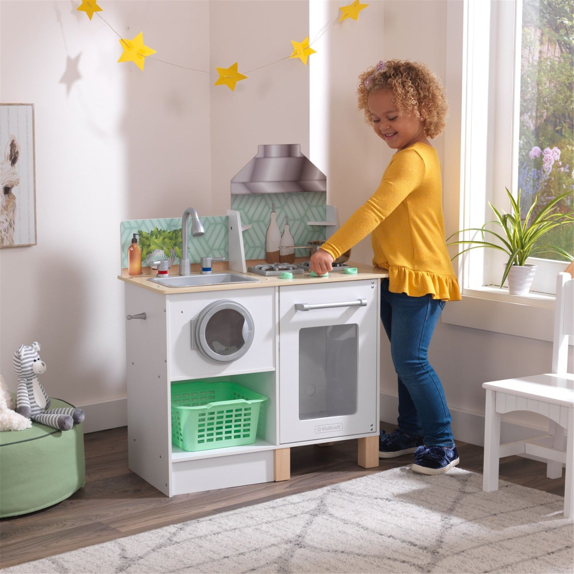 KidKraft Whisk & Wash Kitchen & Laundry Playset - Pretend Play Wooden Toy Kitchen with Sink, Washer & Accessories for Kids - Perfect for Imaginative Play & Role-Playing Games