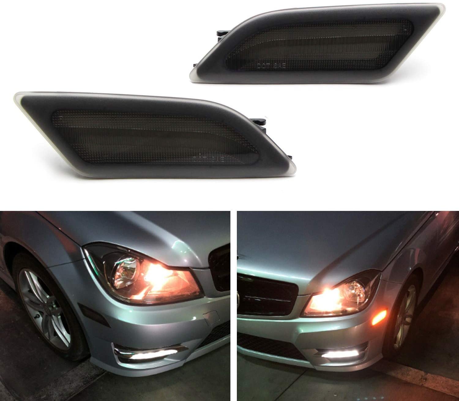 Amber LED Smoke Lens Front Side Marker Light Kit for 2012-2014 Mercedes C-Class W204 LCI C250 C300 C350 Sedan/Coupe - SMD LED Replacement for OEM Sidemarker Lamps - Perfect for Night Driving & Custom Car Styling