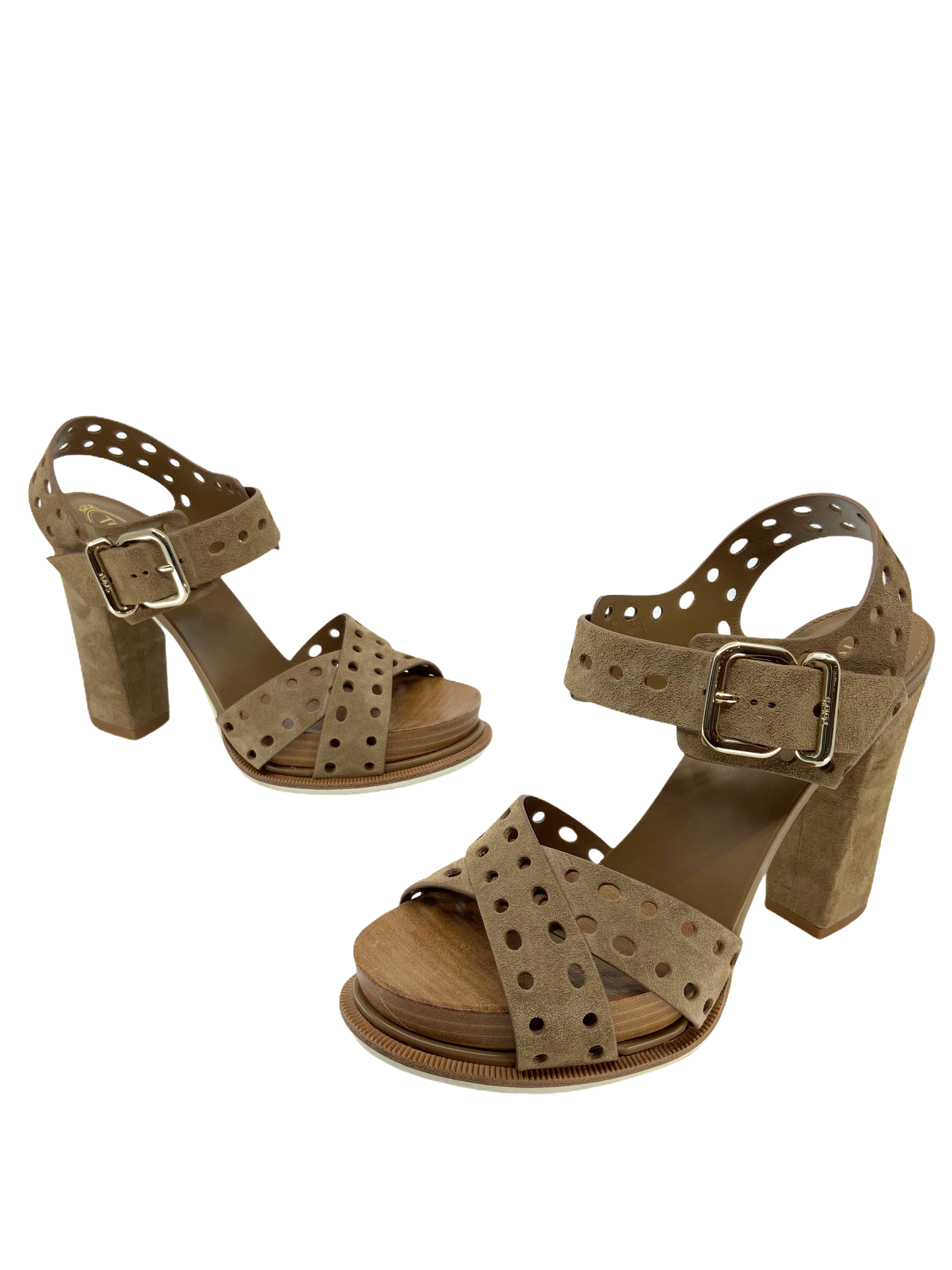 Tod's Women's Perforated Suede Block Heel Sandals Size 7 | Comfortable Summer Dress Shoes for Weddings & Parties