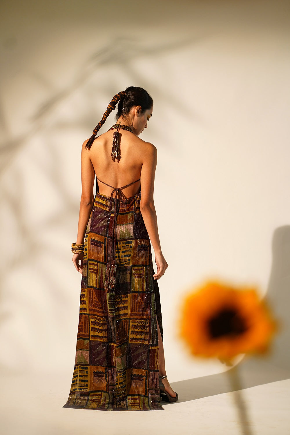 Stylish Multicolor Abstract Print Halter Neck Dress with Baroque Metallic Embellishments - Perfect for Cocktail Parties, Date Nights & Summer Vacations