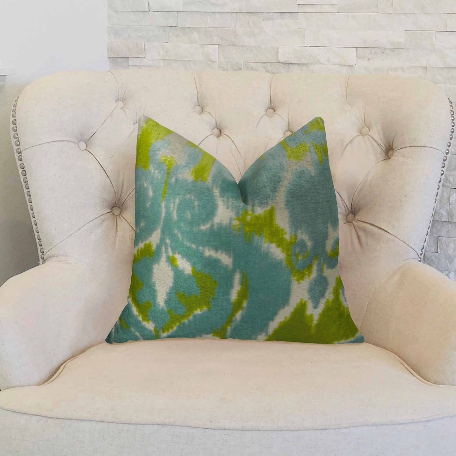 Plutus Velvet Pine Cliff Blue Citrine & Cream Handmade Luxury Pillow - 20x26 Inch Standard Size - Perfect for Sofa, Bed & Home Decor