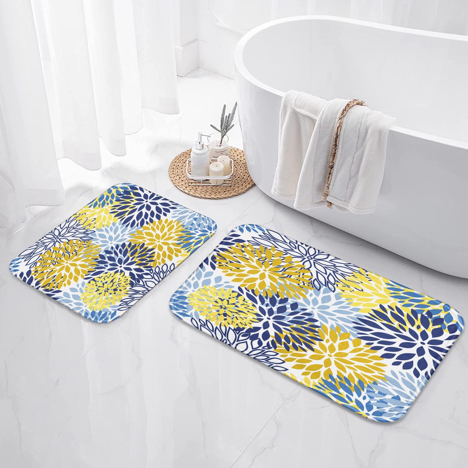 Spring Floral Bathroom Set with Shower Curtain, Rugs & Accessories - Blue Yellow Navy Flower Abstract Grey Plant Leaf Design - 4 Piece Bath Decor for Modern Home & Spa Retreat