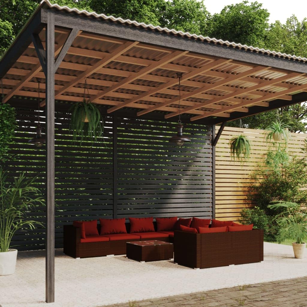 vidaXL 9-Piece Brown Poly Rattan Patio Lounge Set with Cinnamon Red Cushions - Weather-Resistant Outdoor Furniture for Garden, Poolside & Backyard Relaxation