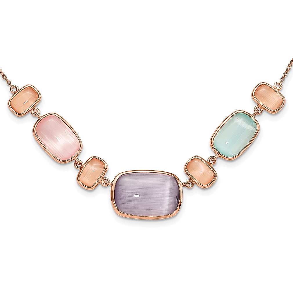 925 Sterling Silver Rose Tone Multicolor Cat's Eye Gemstone Pendant Necklace - 1 Inch Extension Chain for Women | Elegant Fine Jewelry Gift for Her | Perfect for Parties, Weddings & Everyday Wear