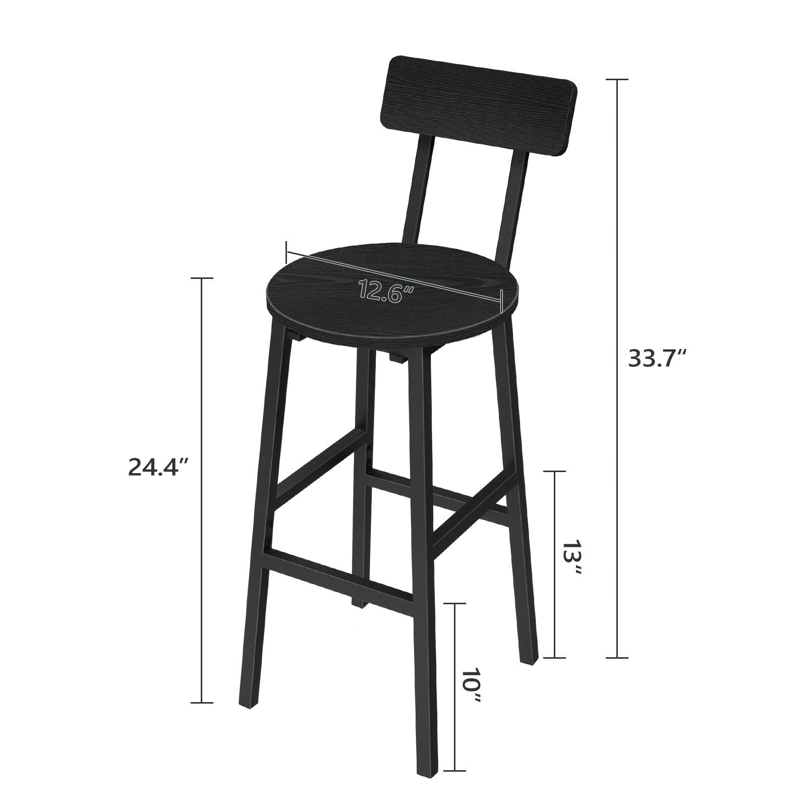 2-Pack Black Bar Stools with Back & Footrest - 24.4 Inch Round Counter Height Stools for Kitchen, Dining Room & Home Bar - Perfect for Breakfast Nooks, Pub Tables & Entertainment Areas