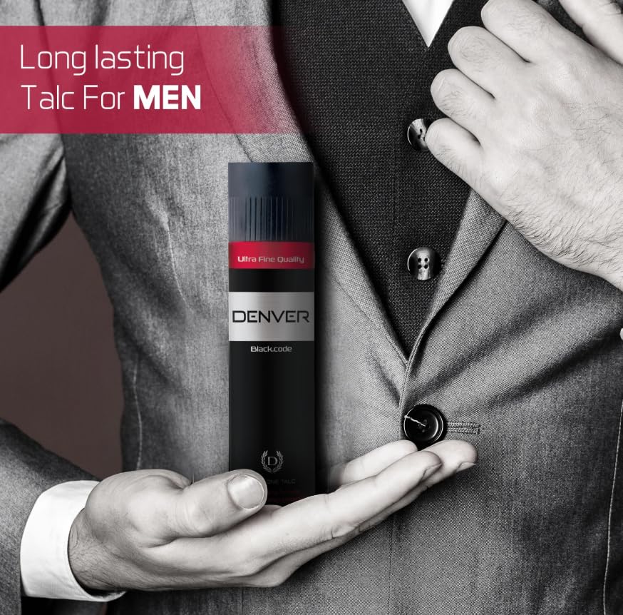 DENVER Black Code Cologne Talc - 300GM | Premium Scented Talcum Powder for Men | Fresh Fragrance & Smooth Finish | Ideal for Daily Use, Gym & Post-Shave