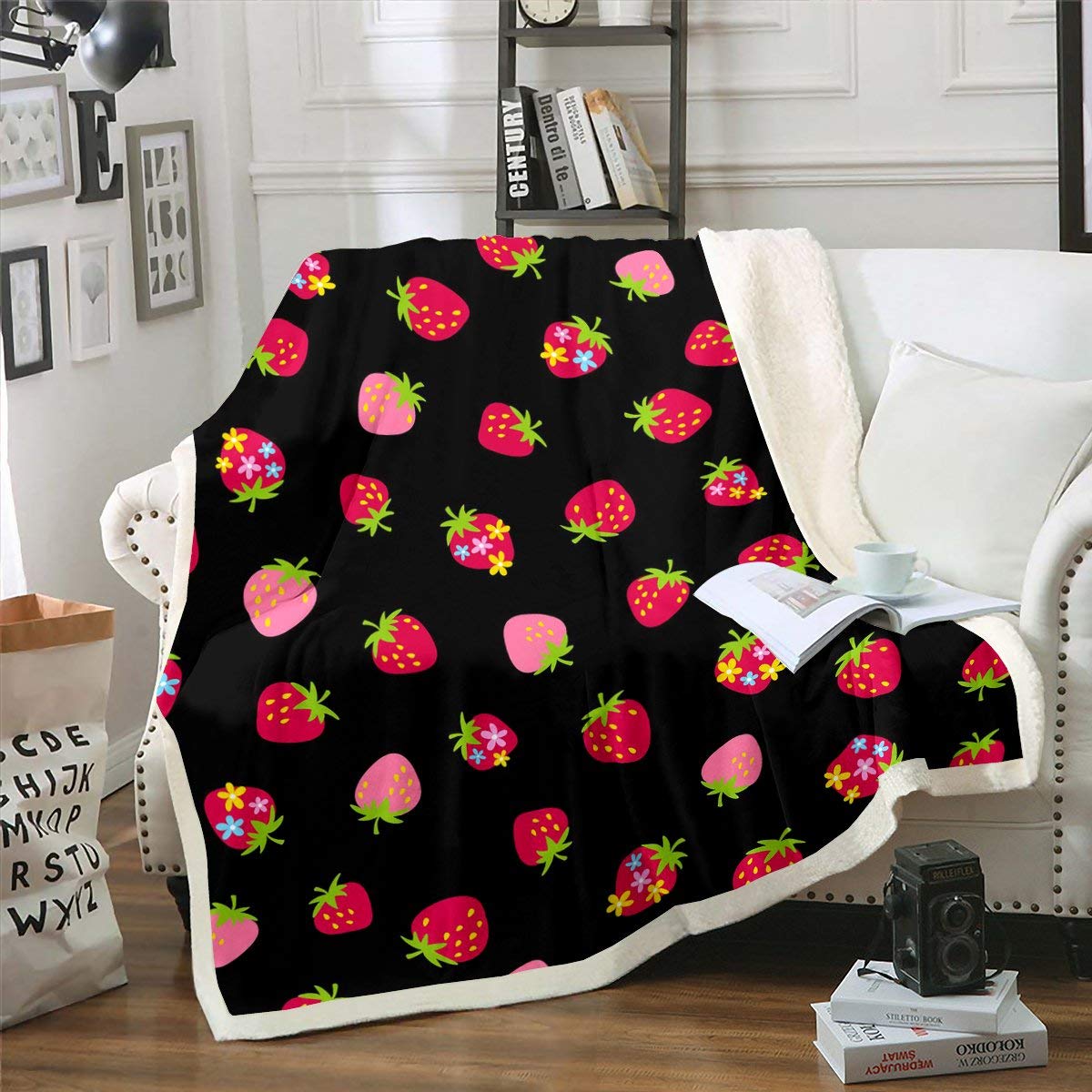 Soft Strawberry Fleece Throw Blanket 50x60 Inches - Cute Strawberry Print Sherpa Blanket for Bed, Couch & Room Decor - Plush Floral Tropical Fruit Design in Black & Red - Cozy Gift for Girls, Women (Perfect for Bedroom, Living Room & Dorm)