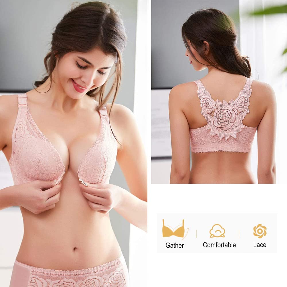 FitMe Plus Size Wireless Bra with Rose Embroidery & Front Closure - Comfortable Wirefree Lace Bra for Women - Perfect for Everyday Wear, Date Nights and Special Occasions