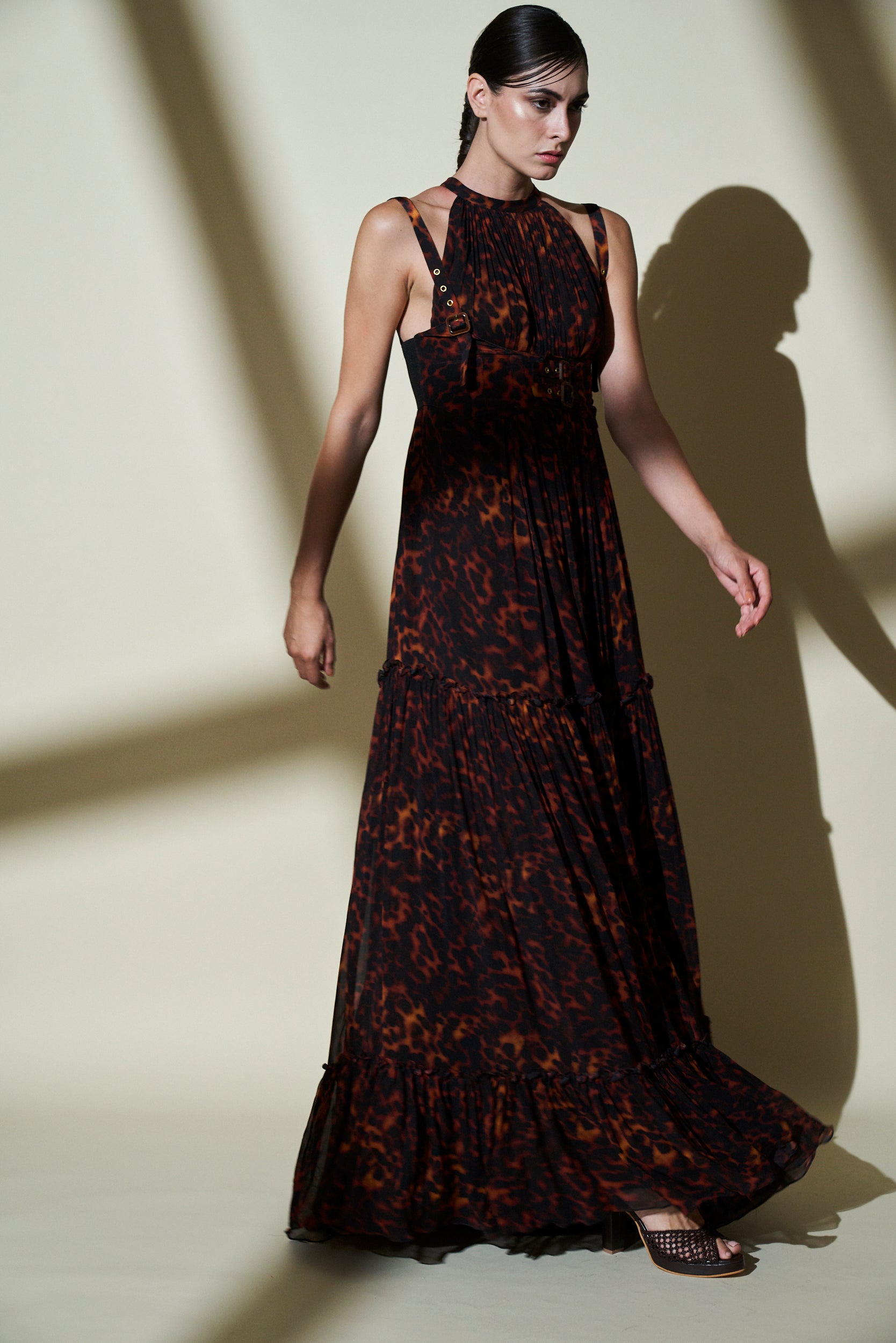 Vaani Kapoor Stone Print Tiered Maxi Dress with Bracelet - Elegant Boho Chic Women's Long Dress for Summer, Beach, Parties & Special Occasions