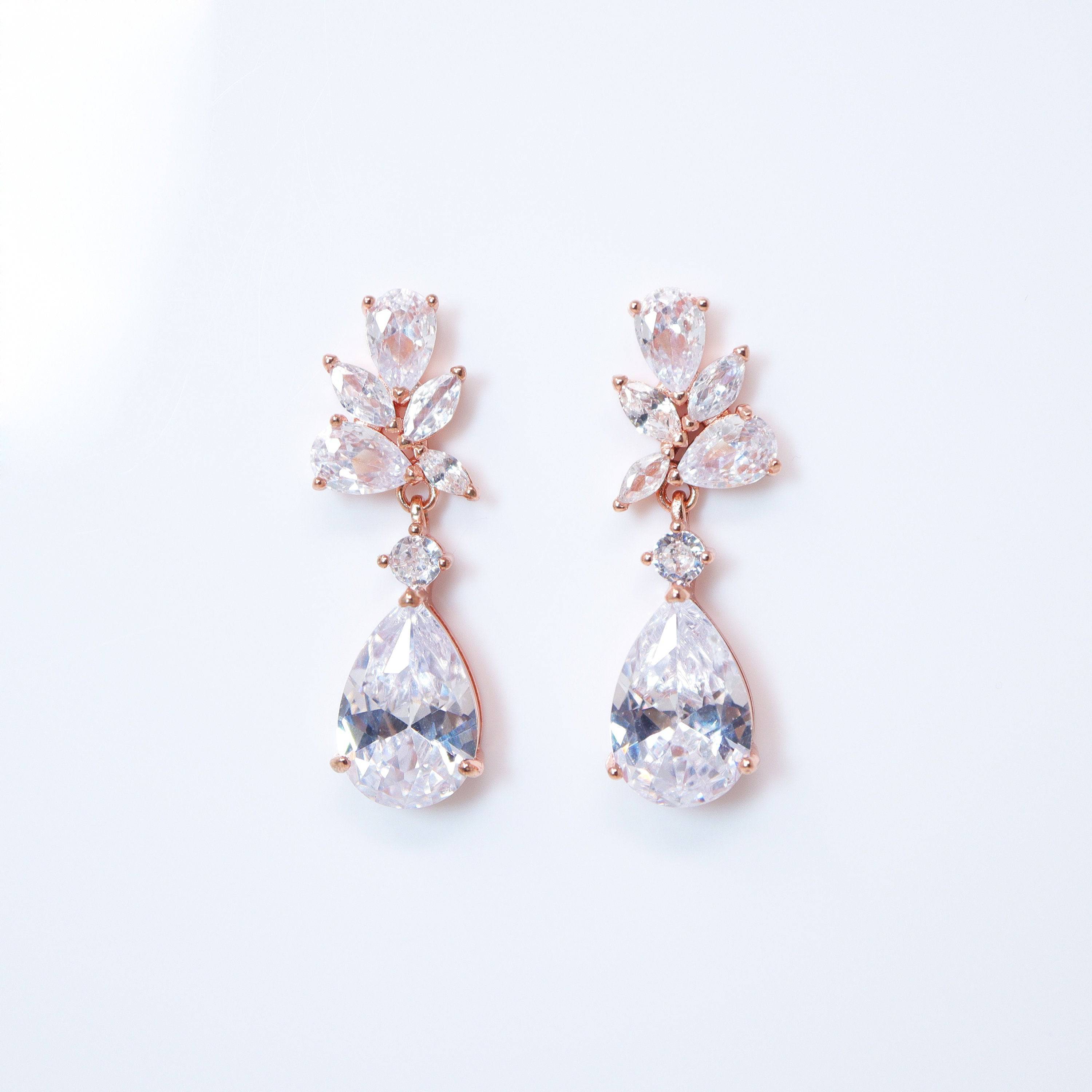 Cubic Zirconia Diamond Leaf Teardrop Earrings for Women - Elegant Bridal Jewelry, Wedding Earrings, Crystal Statement Earrings - Perfect for Weddings, Parties & Special Occasions