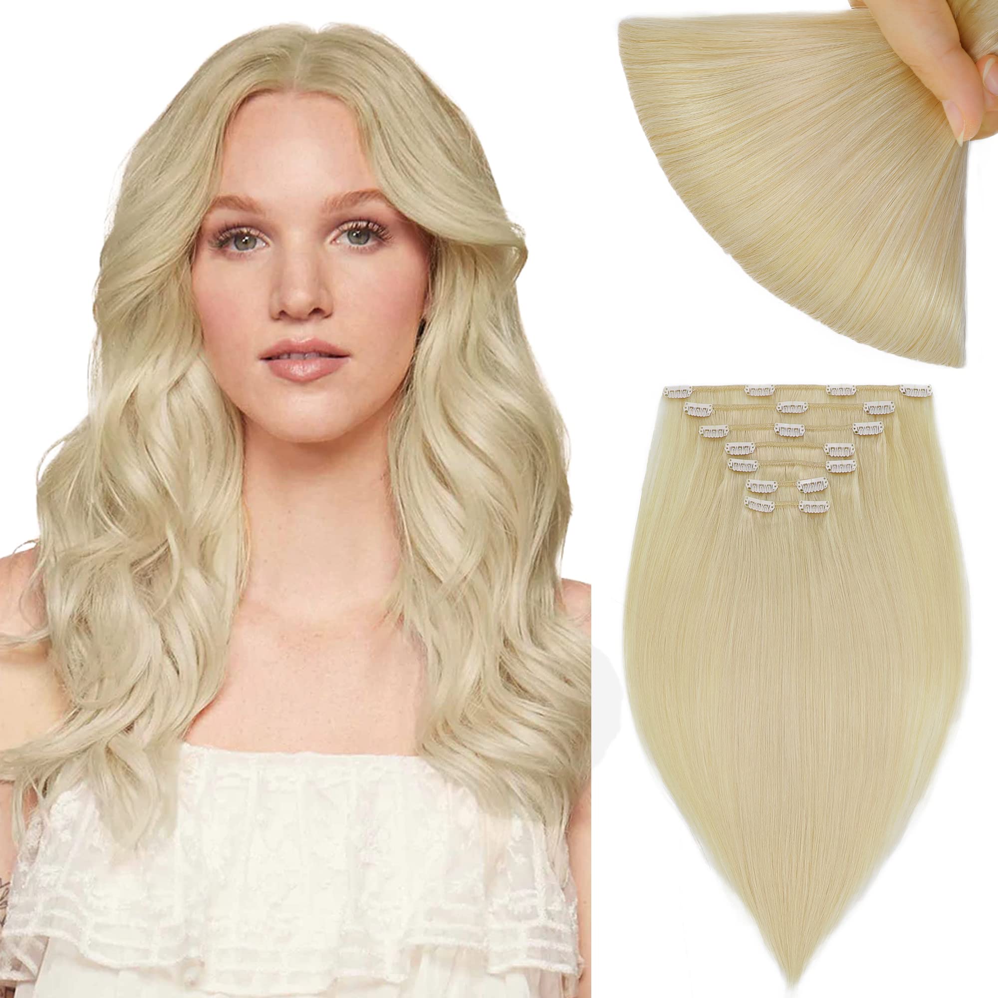 Platinum Blonde Clip In Hair Extensions 14 Inch - 7PCS Real Human Hair 120g Double Weft for Volume & Length - Perfect for Parties, Weddings & Everyday Styling