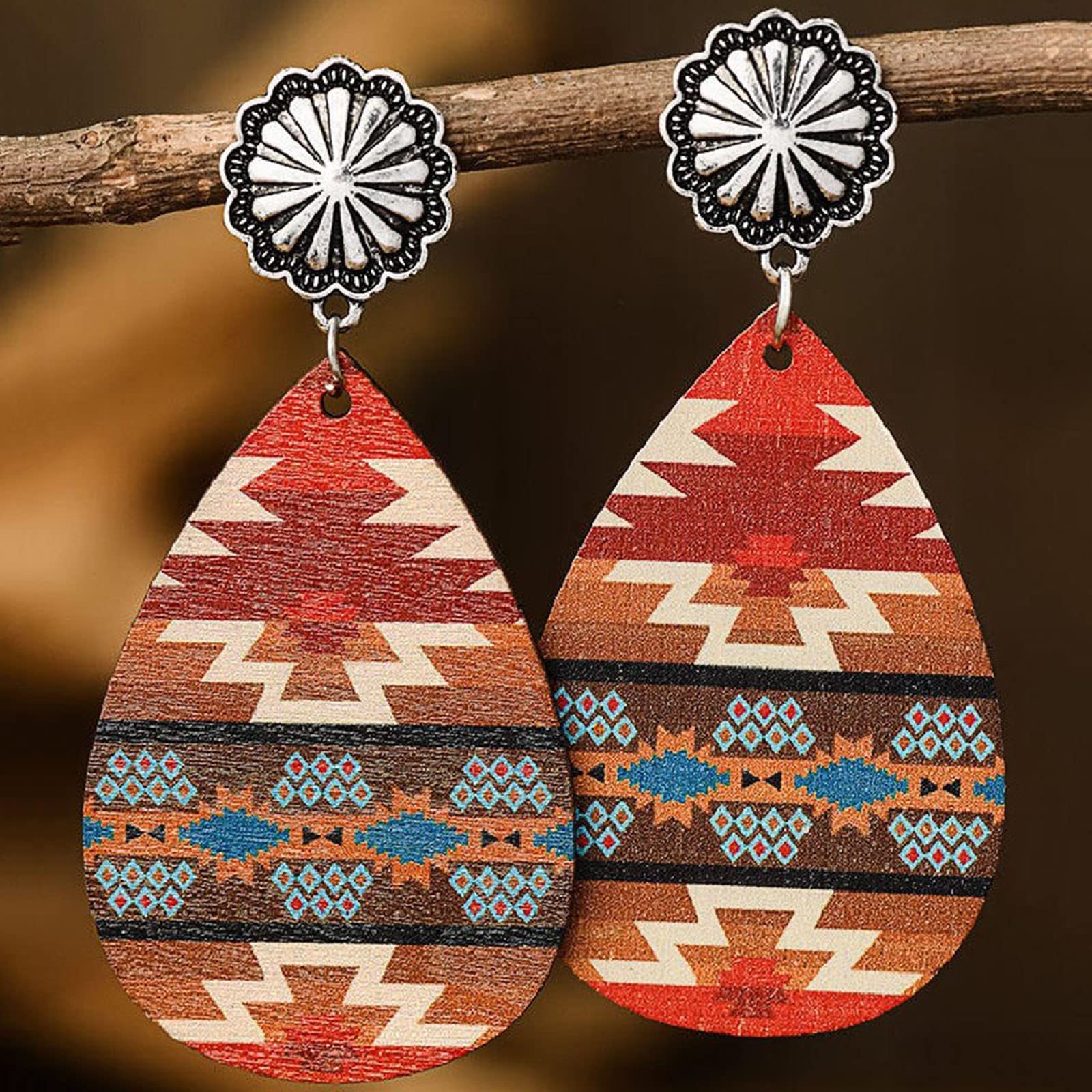 **Elegant Faux Leather Teardrop Earrings for Women - Retro Western Hoop Drop Earrings, Printed Water Drop Dangle Jewelry (Red, One Size) - Perfect for Spring Fashion, Boho Outfits & Western Style Accessories**