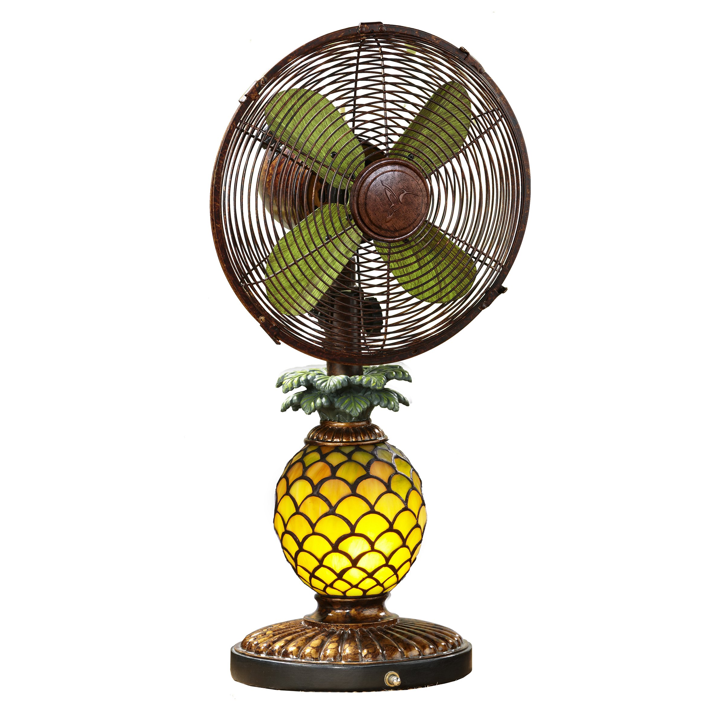 DecoBREEZE 10-Inch Pineapple Tiffany Style Table Lamp with 3-Speed Oscillating Fan - Vintage Home Office Decor, Bedroom Cooling Breeze, Living Room Accent Lighting