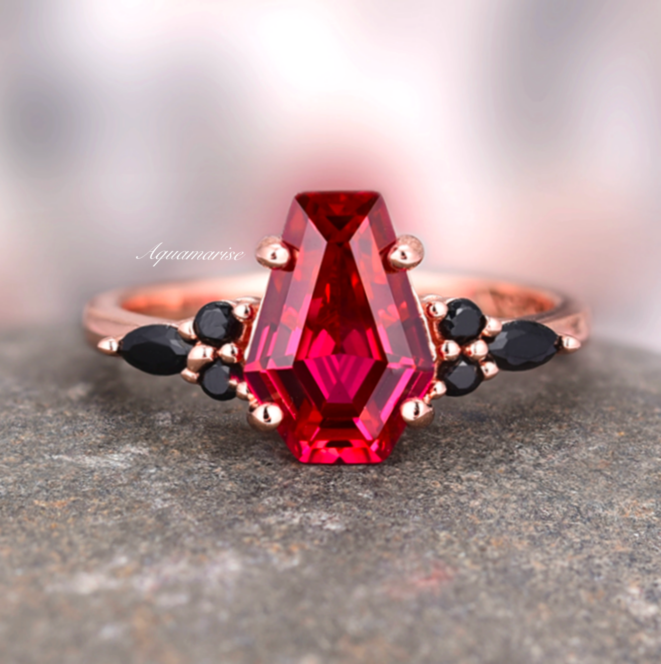 14K Rose Gold Vermeil Coffin Cut Ruby & Black Onyx Ring - Elegant Gothic Jewelry for Women, Perfect for Halloween, Dark Wedding & Alternative Fashion