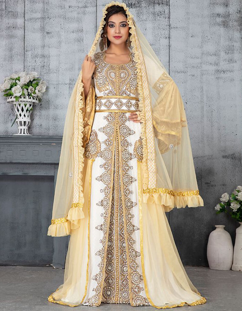 Handmade Arabic Takchita Dress - Off White & Beige Georgette with Golden Stone Embroidery for Special Occasions & Weddings