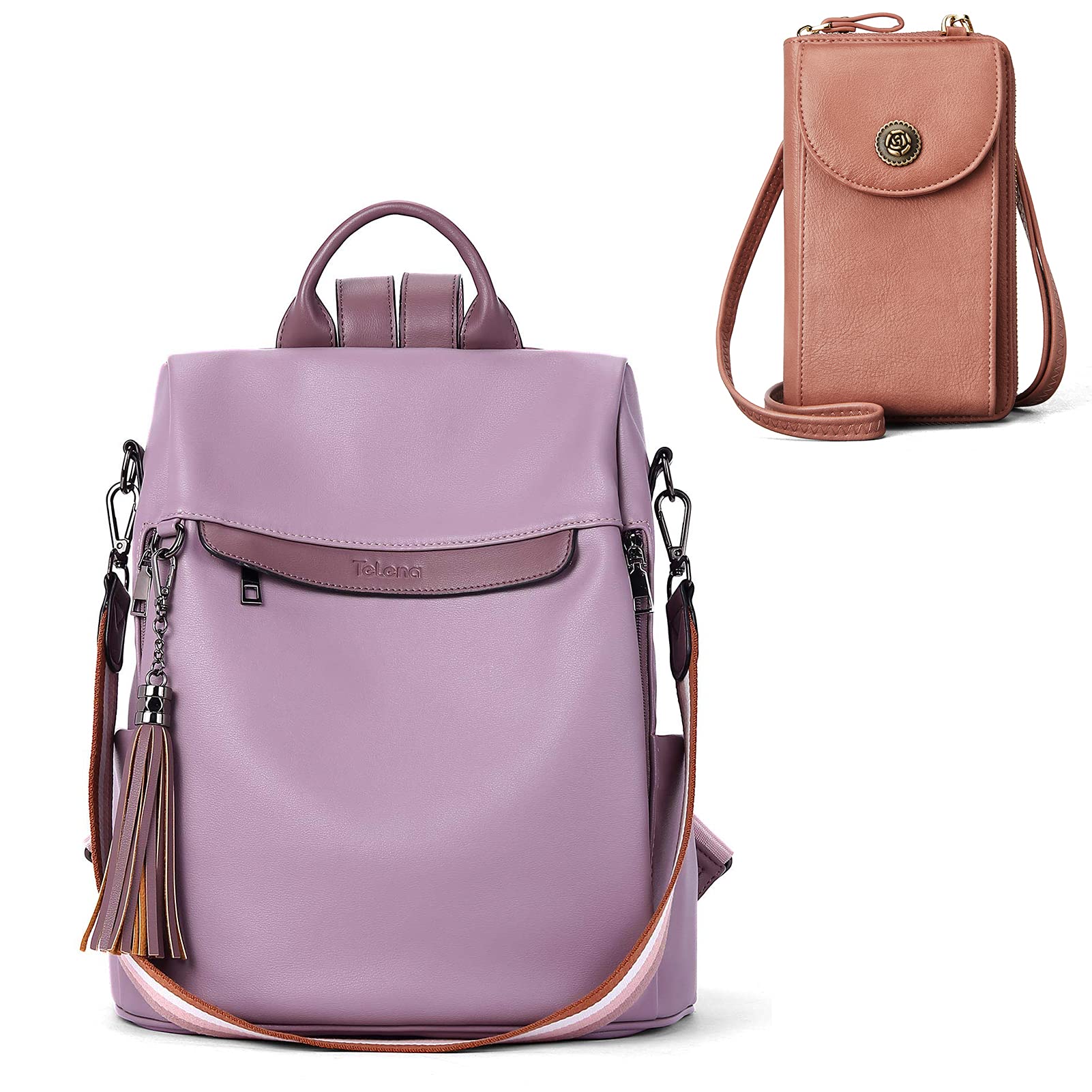 Telena Anti-Theft Travel Backpack & Crossbody Bag Set for Women - Large Shoulder Purse in Purple & Small Phone Wallet in Pink | Perfect for Commuting, Shopping & Vacation