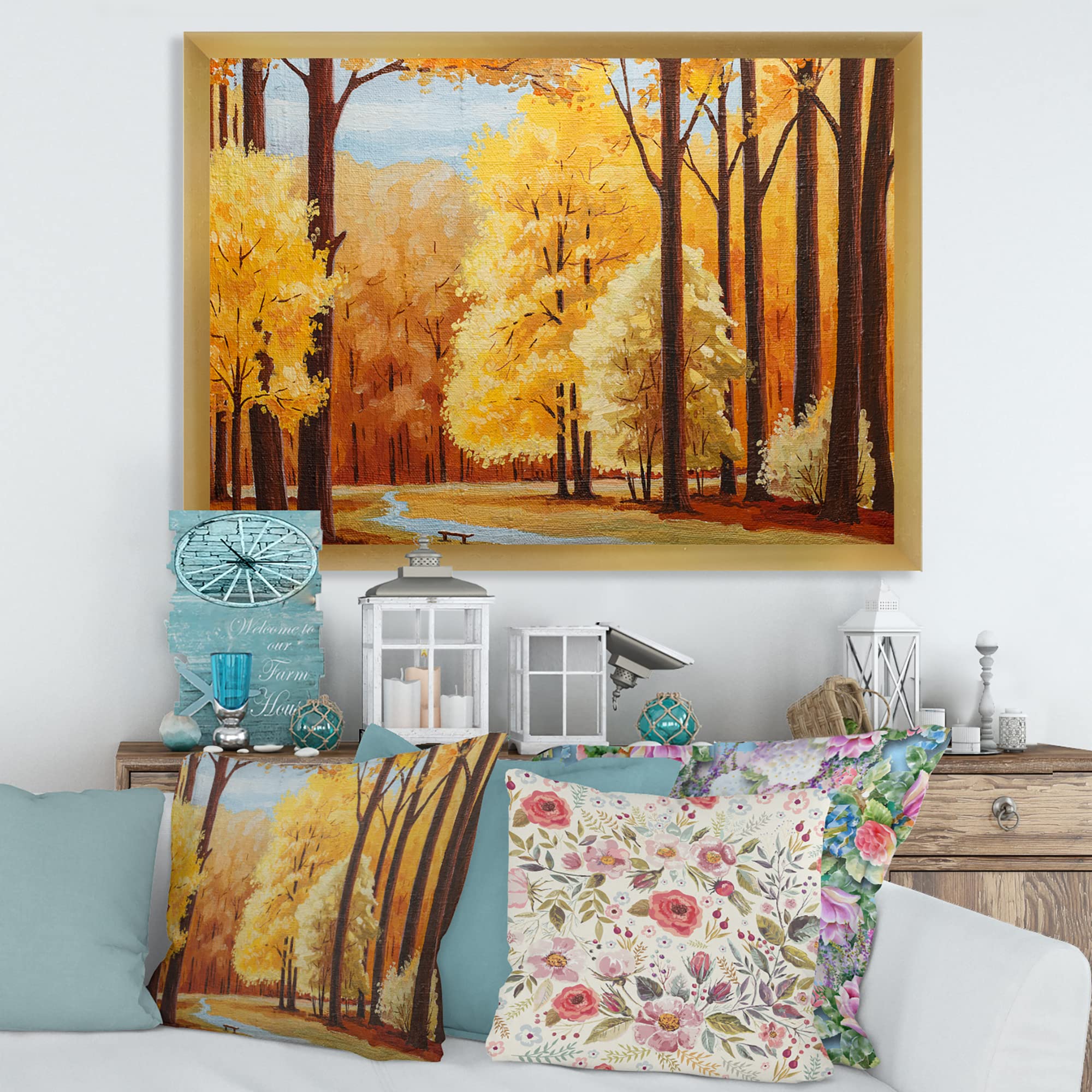 DesignQ Orange Autumn Trees At Dawn Farmhouse Framed Wall Art - Rustic Landscape Painting for Living Room, Bedroom & Office Decor