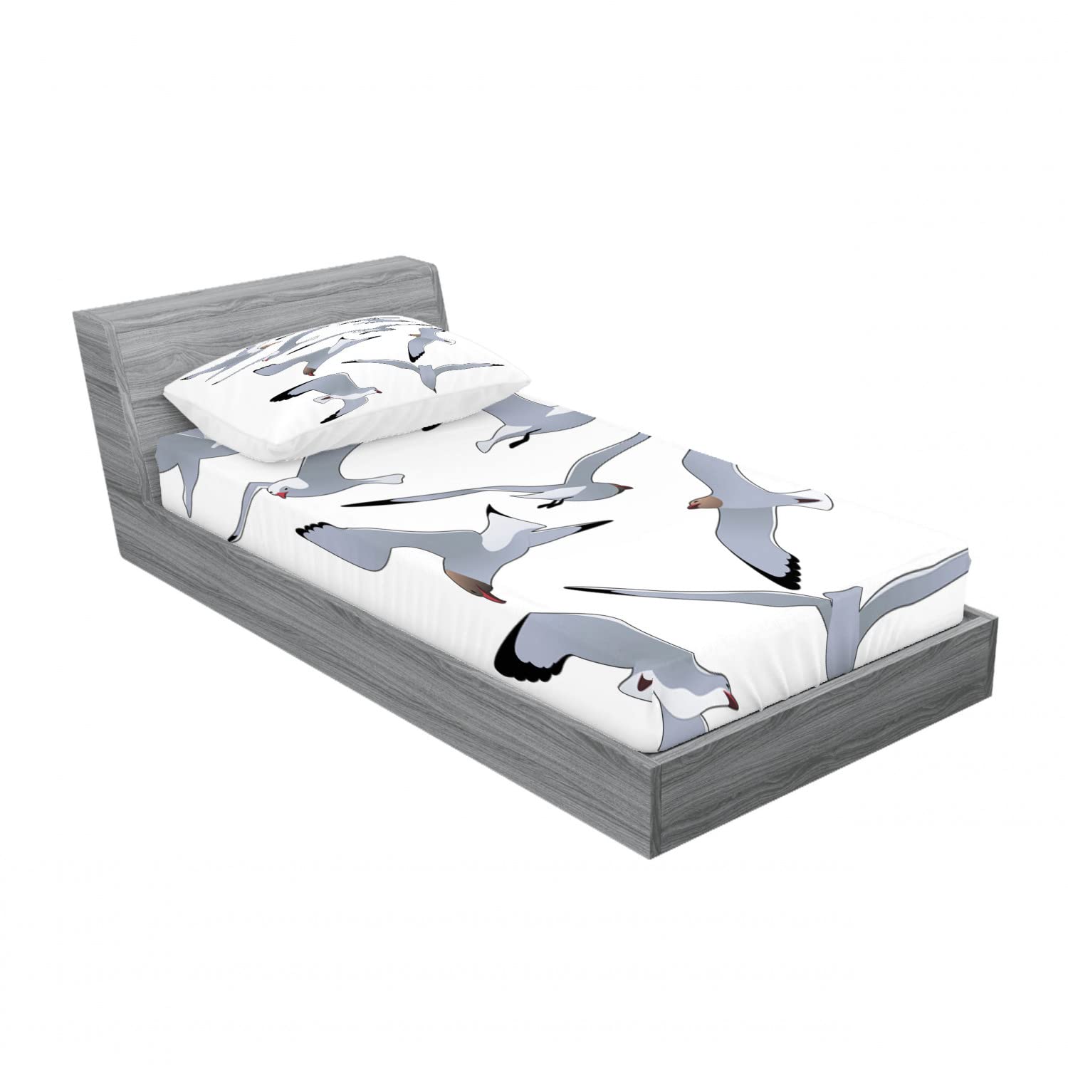 Ambesonne 2-Pack Twin Fitted Sheet & Pillow Sham Set - Flying Seagulls Cartoon Design, Black & White 4-Piece Bedding Set (2 Fitted Sheets + 2 Pillow Covers) | Coastal Themed Kids Room Decor, Nautical Nursery Bedding, Beach House Guest Room Essentials
