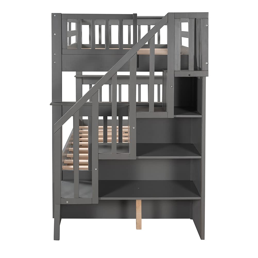 Twin Over Twin Bunk Bed with 3 Drawers & Stairway - Solid Wood Loft Bed for Kids, Teens, Dorm Rooms - Gray Space-Saving Bunk Bed with Ample Storage - Perfect for Small Bedrooms, Shared Kids Rooms & College Dormitories