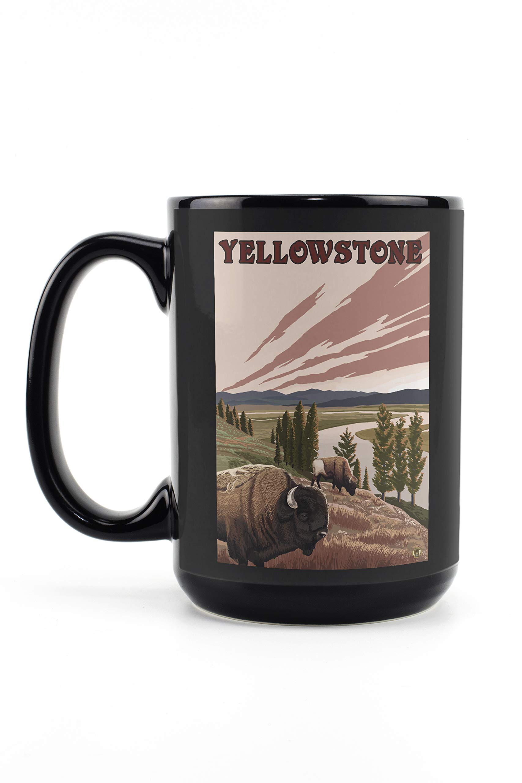 Yellowstone National Park Bison Scene 15oz Black Ceramic Coffee Mug - Microwave & Dishwasher Safe - Perfect for Camping, Office & Home Use