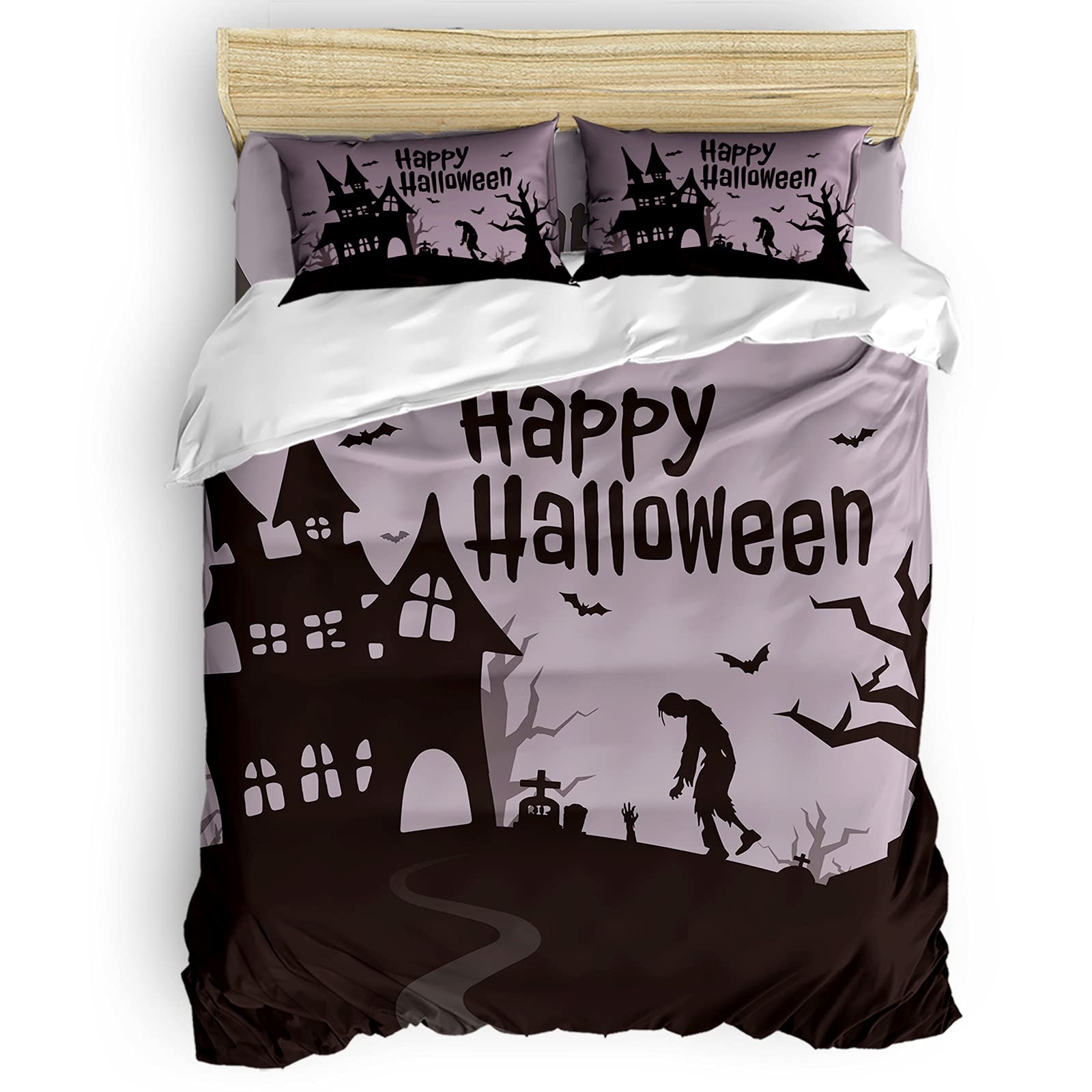 4-Piece Full Bed Set - Halloween Black Castle Zombie Dead Tree Comforter Cover with 2 Pillowcases, Cemetery Purple | Spooky Bedroom Decor for Kids & Teens | Perfect for Halloween Parties, Themed Rooms & Gothic Decor