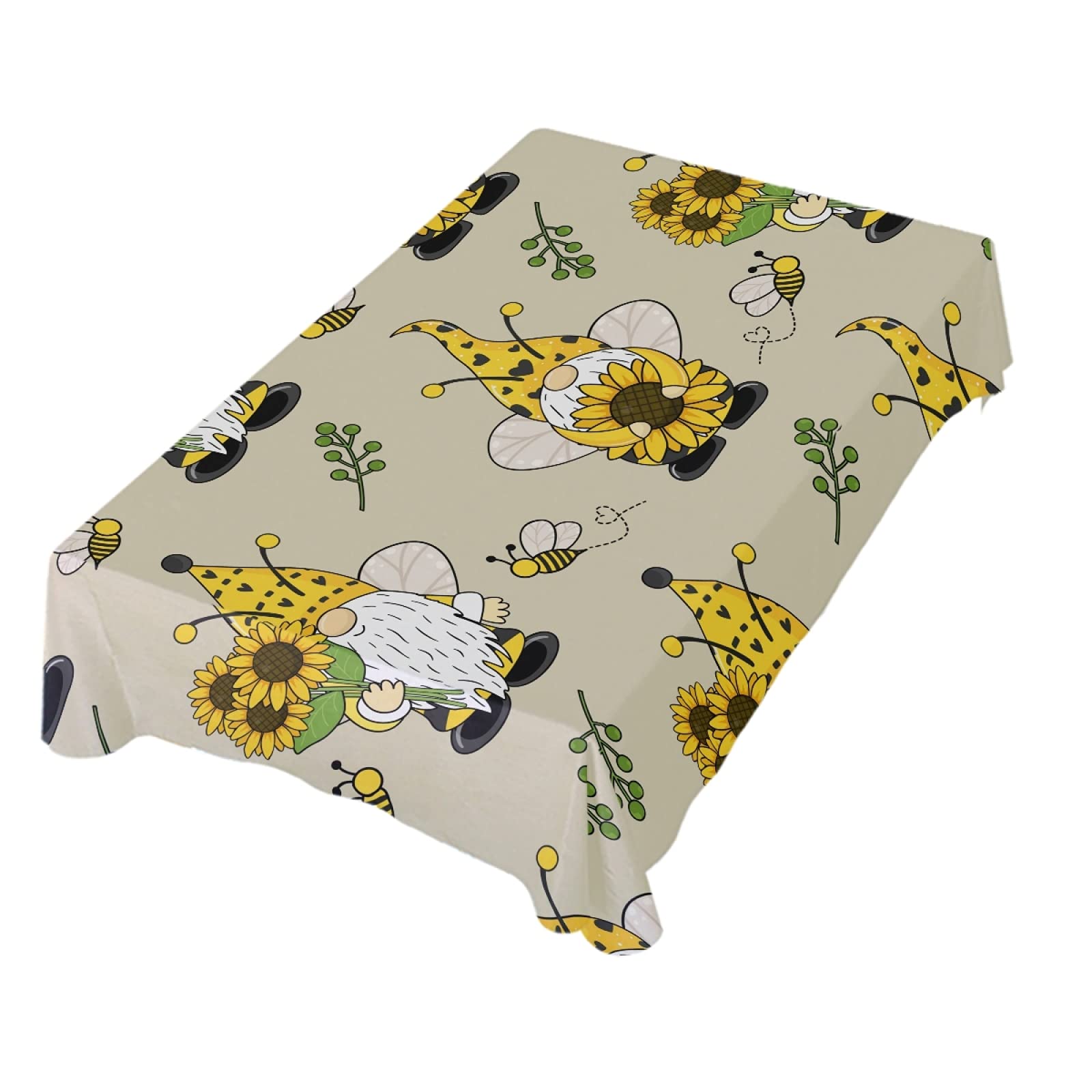 Premium Polyester Rectangle Tablecloth 60 x 108 Inch - Dallonan Party Table Decor with Gnomes, Bees & Sunflowers Design for Dining Table, Buffet, Wedding & Holiday Celebrations