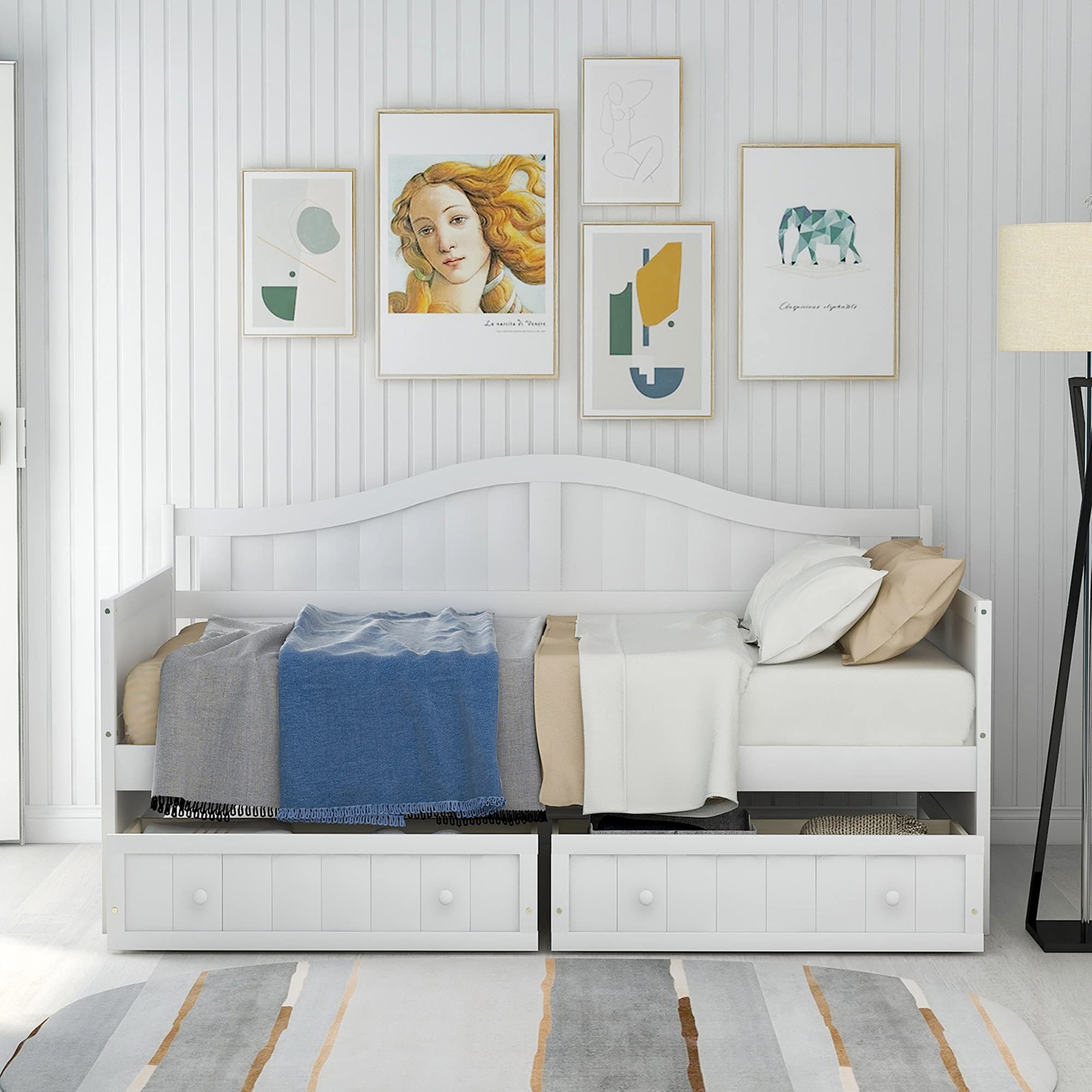 P PURLOVE Twin Daybed with 2 Drawers - Solid Wood Sofa Bed Frame for Bedroom & Living Room - No Box Spring Needed - White - Perfect for Guest Rooms, Small Spaces & Multi-Functional Furniture Needs
